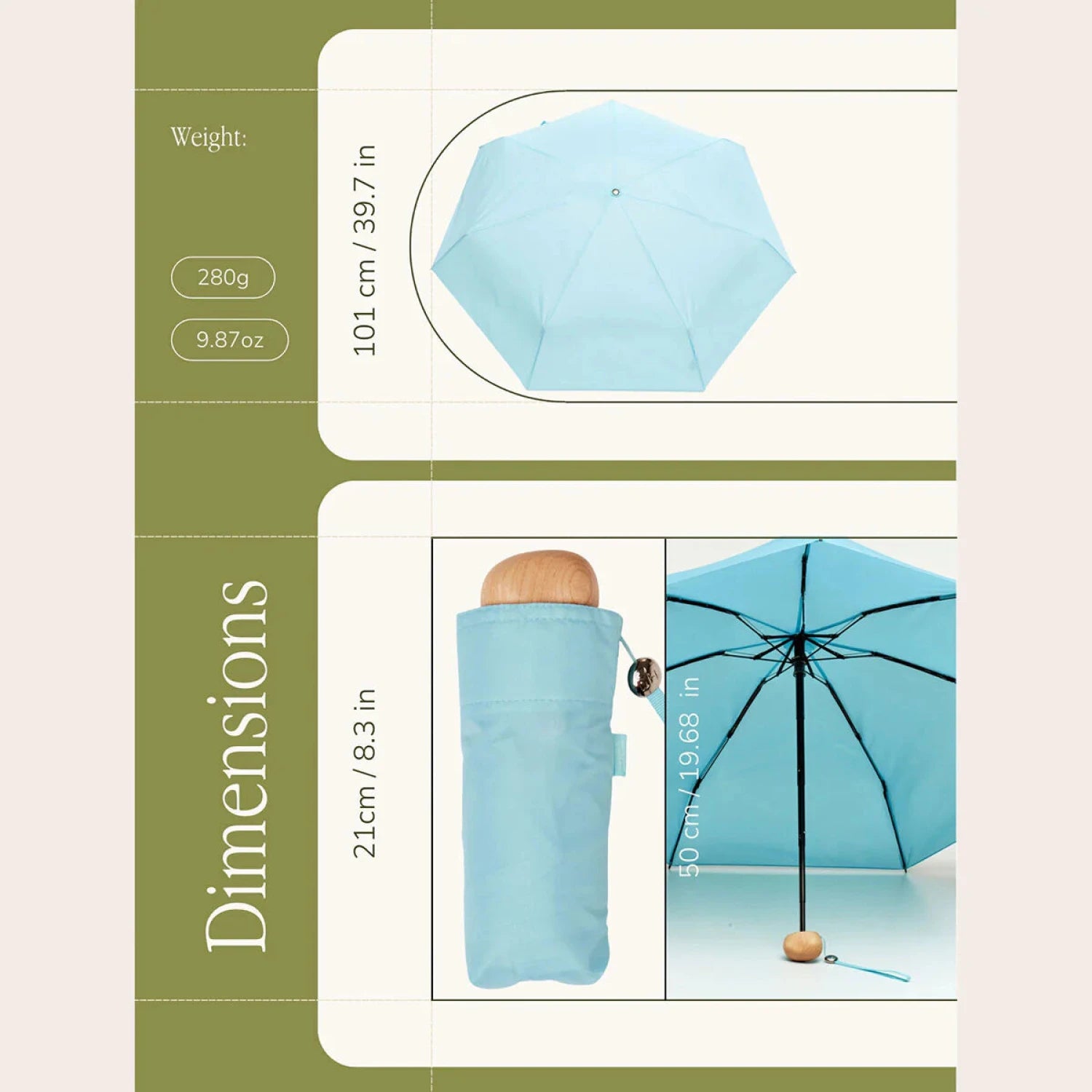 Original Duckhead Ultra Compact Mini Umbrella in popsicle blue, dimensions view