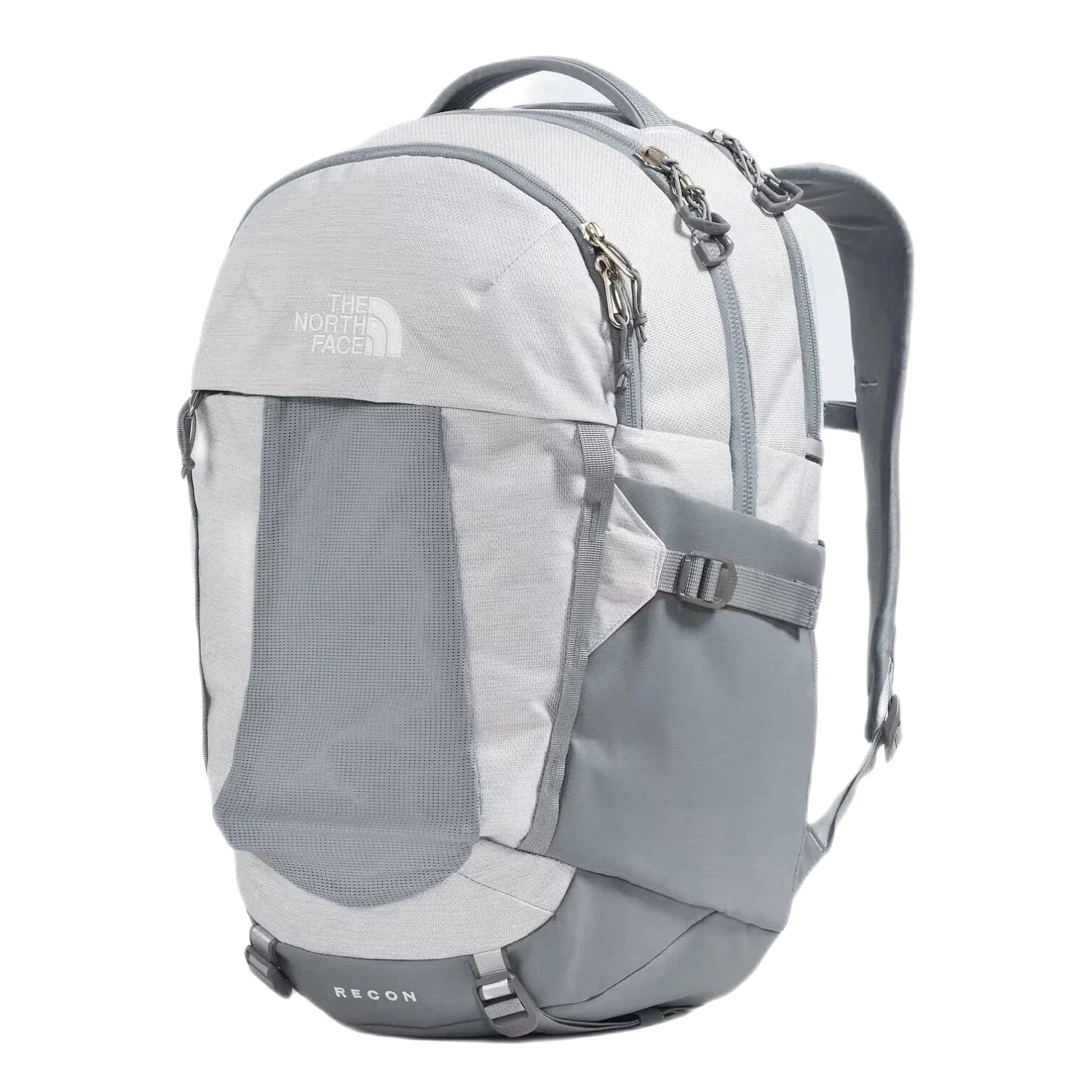 The North Face Women's Recon Backpack in white metallic melange and mid grey, front side