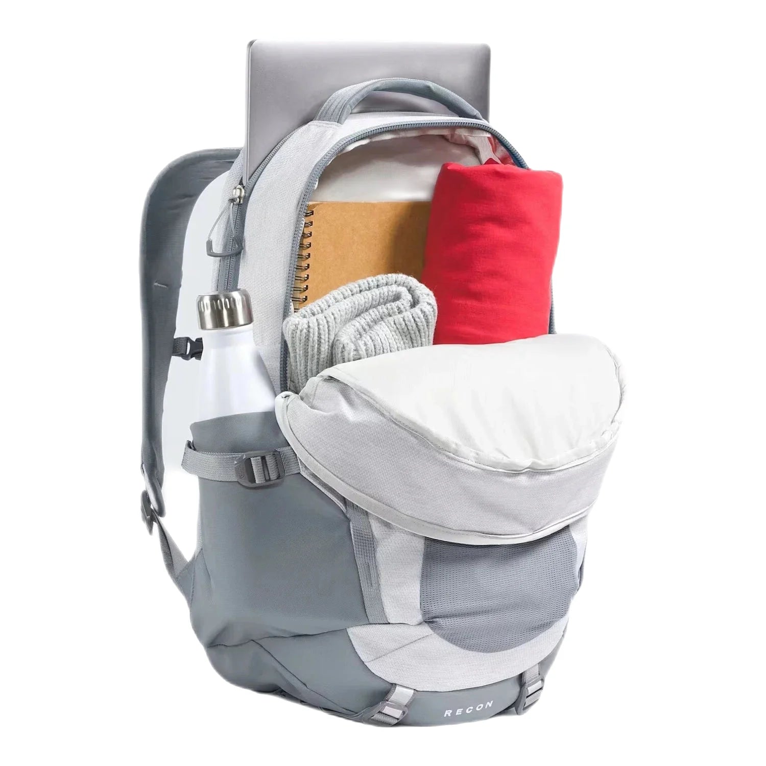 The North Face Women's Recon Backpack in white metallic melange and mid grey, pockets open