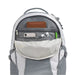 The North Face Women's Recon Backpack in white metallic melange and mid grey, pocket open detail