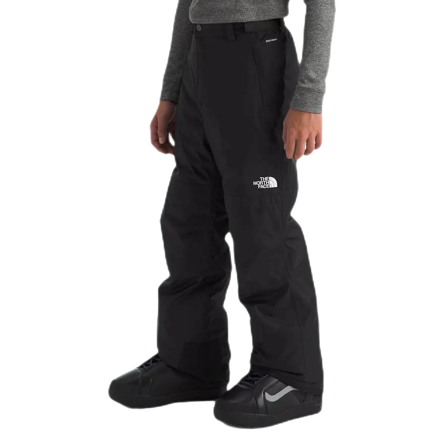 The North Face Boy’s Freedom Insulated Snow Pants in black, on model side