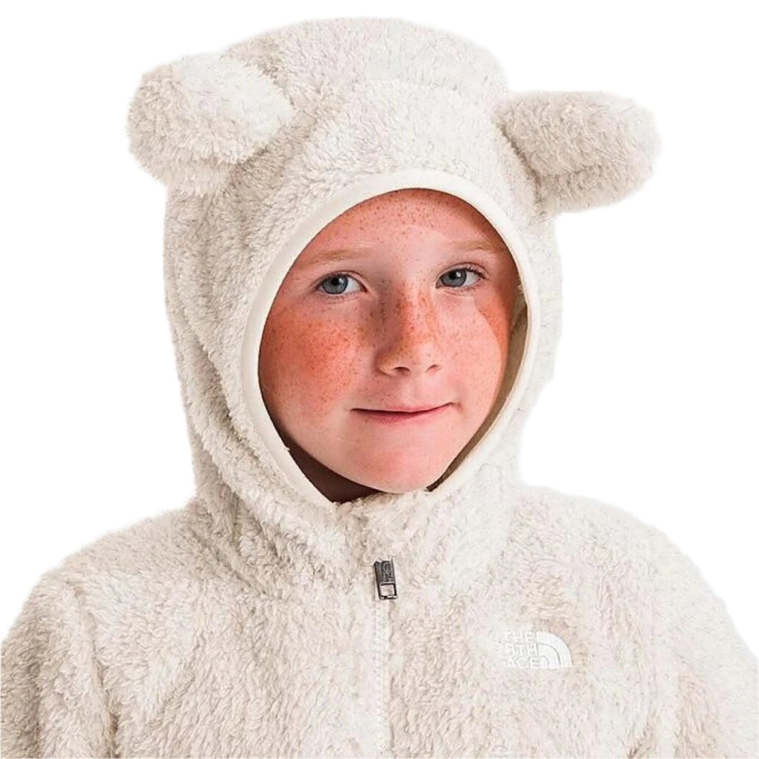 The North Face Kid's Campshire Full-Zip Hoodie in white dune sparkle, on model hood up