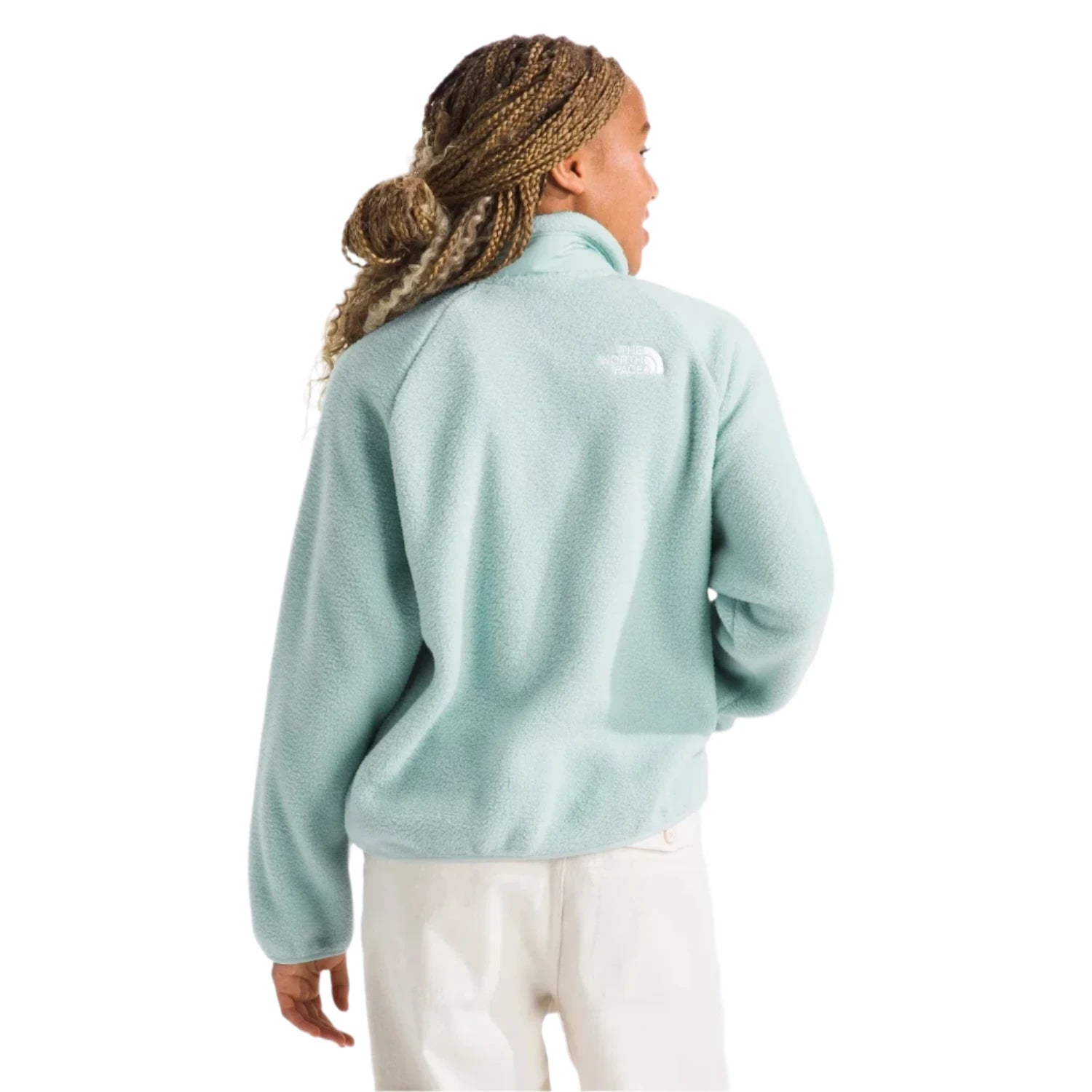 The North Face Girls’ Yumiori Full-Zip Jacket in muted pine, on model back