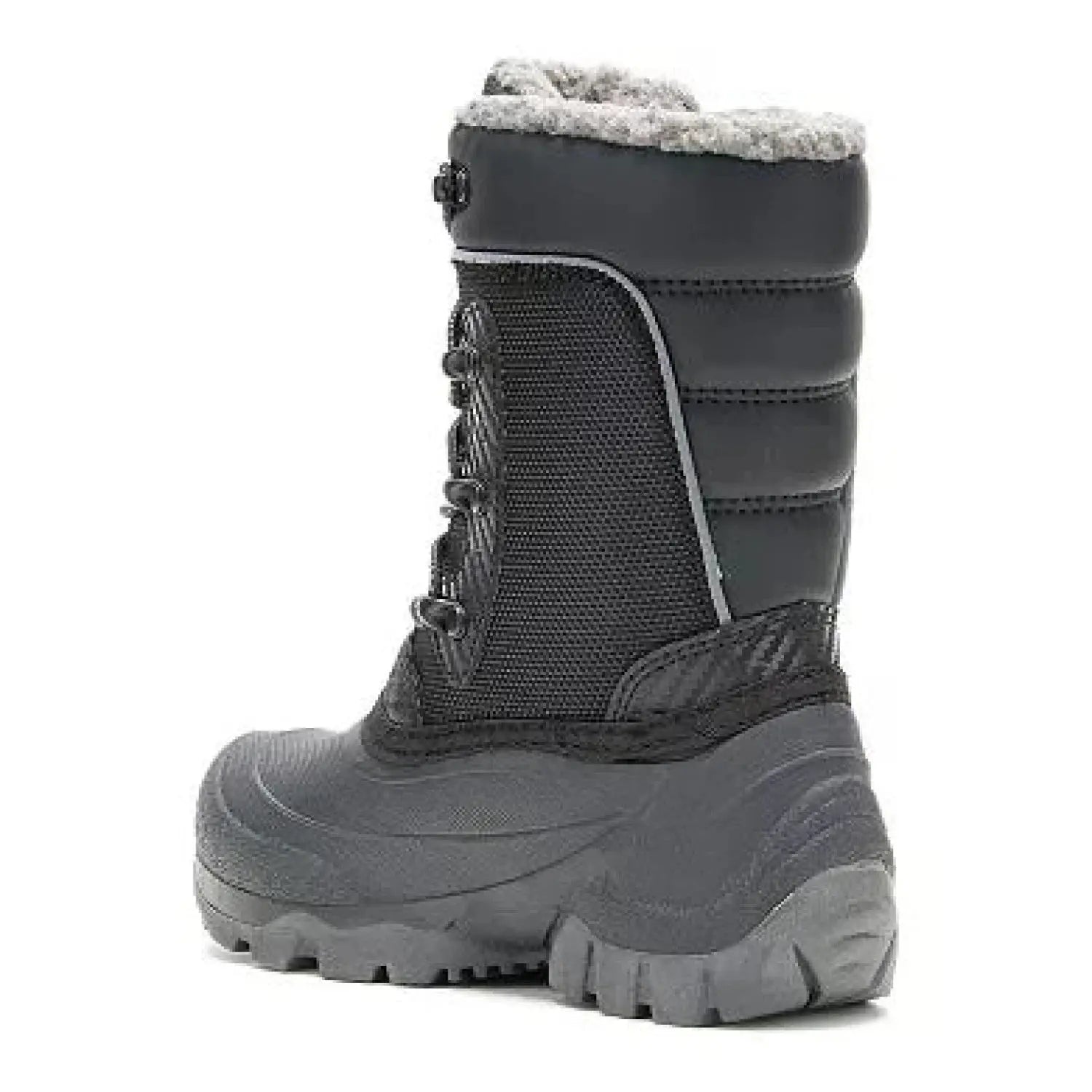 Kamik Luke 3 snow boot with bungee laces. Shown in Black, back view.