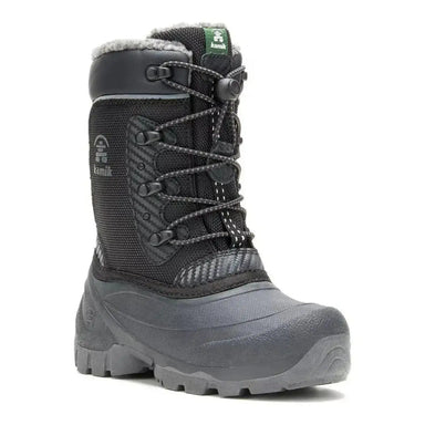 Kamik Luke 3 snow boot with bungee laces.  Shown in Black, front angled view.