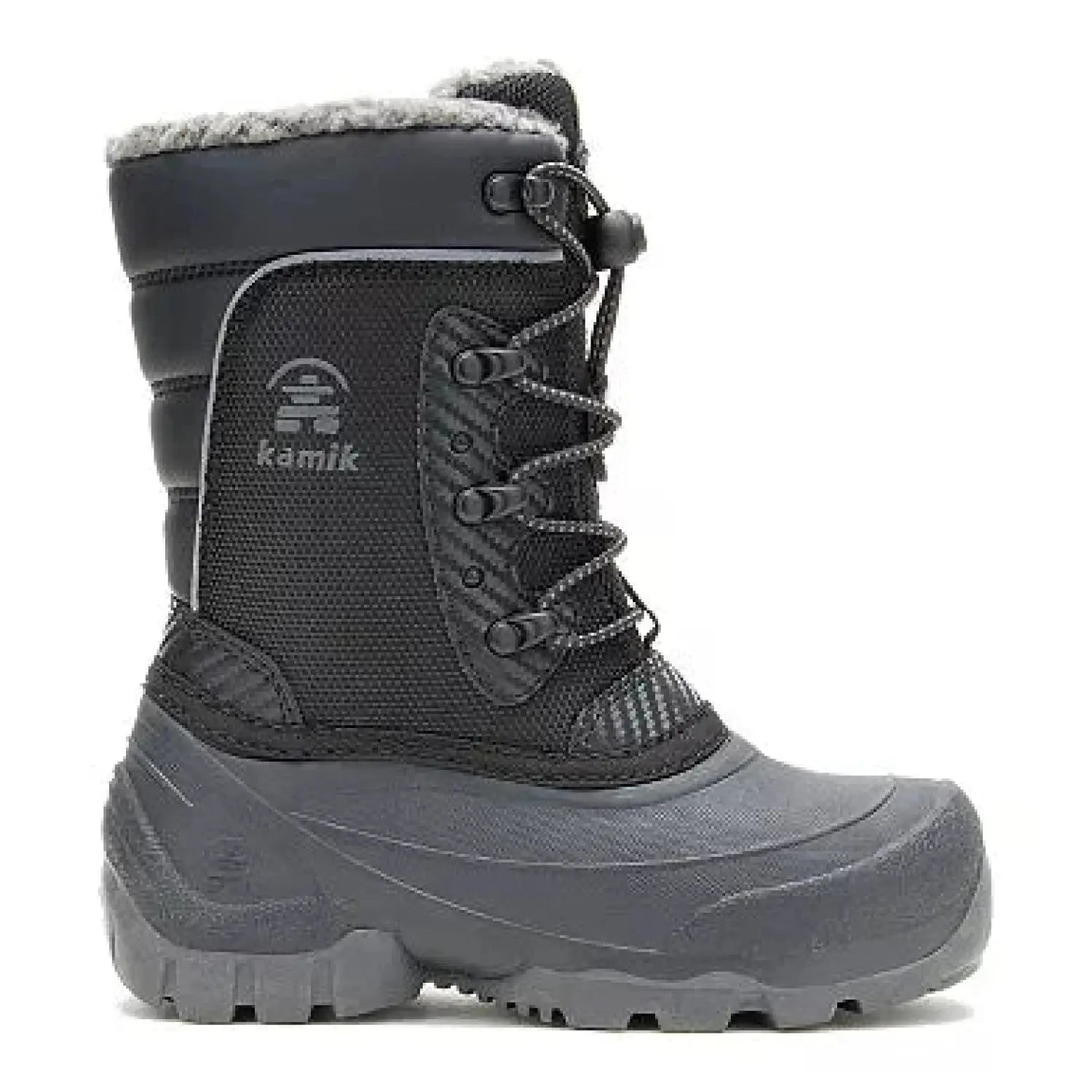 Kamik Luke 3 snow boot with bungee laces. Shown in Black, Side view.