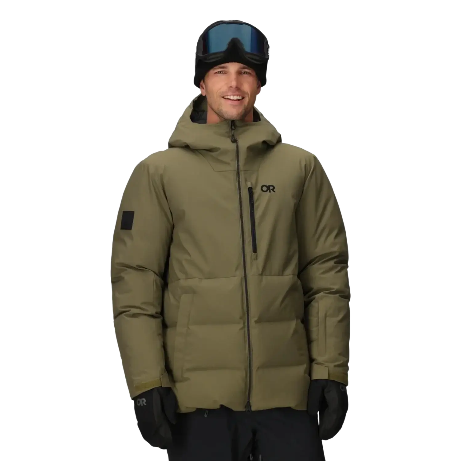 Outdoor Research Men's Snowcrew Down Jacket, front view on model