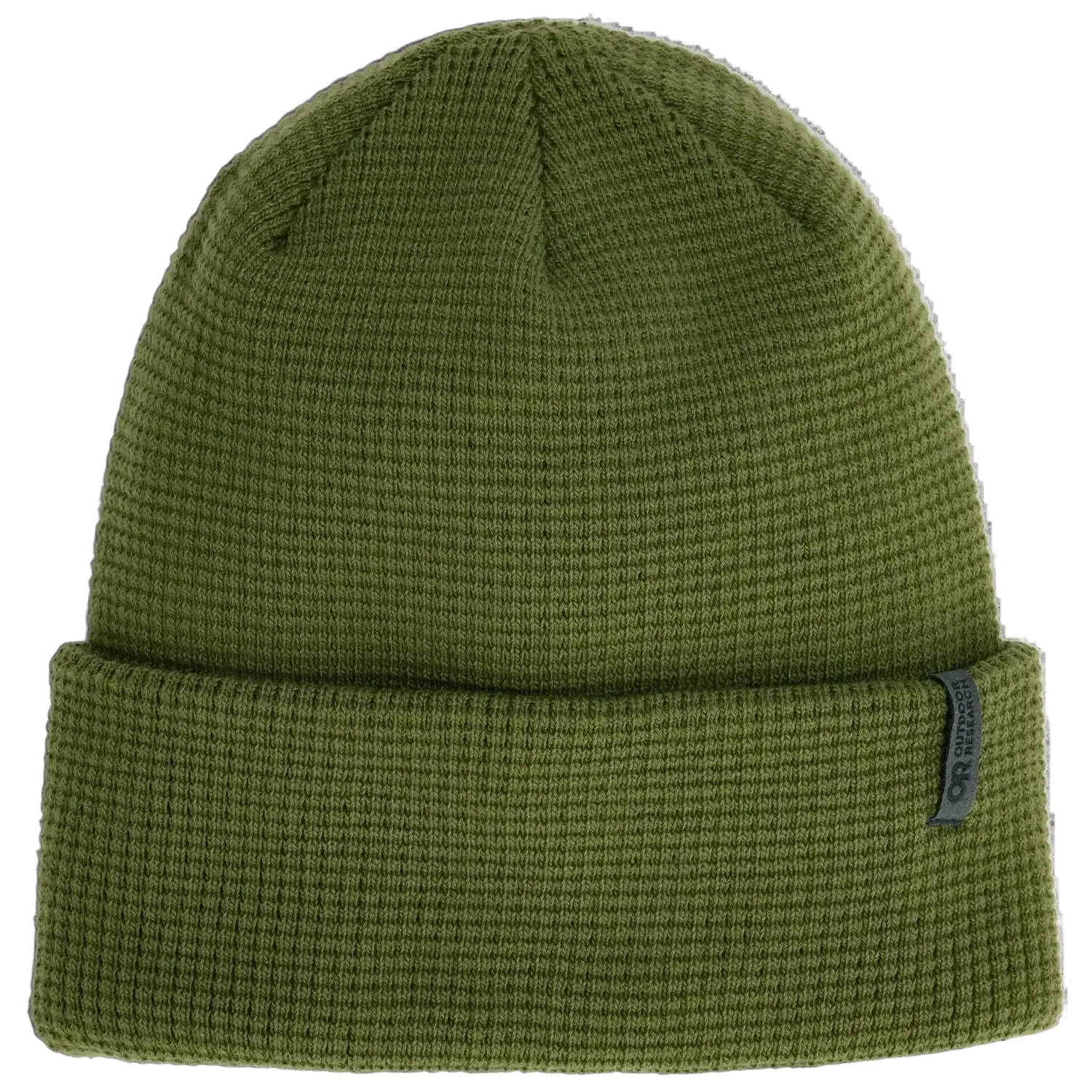 Green beanie with a brand logo on a white background