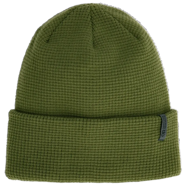 Green beanie with a brand logo on a white background