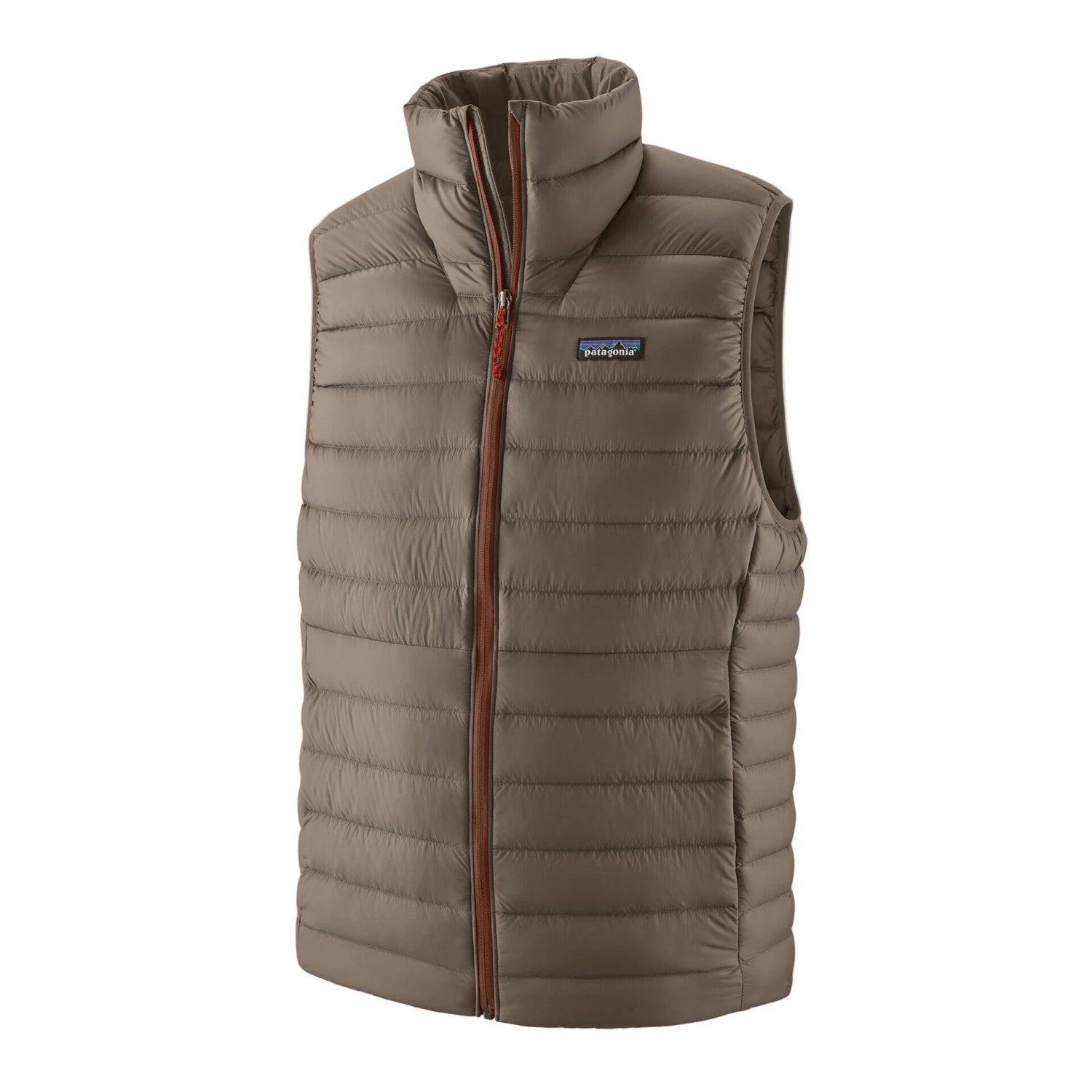 Patagonia Men's Down Sweater Vest in Marlow Brown, front view flat