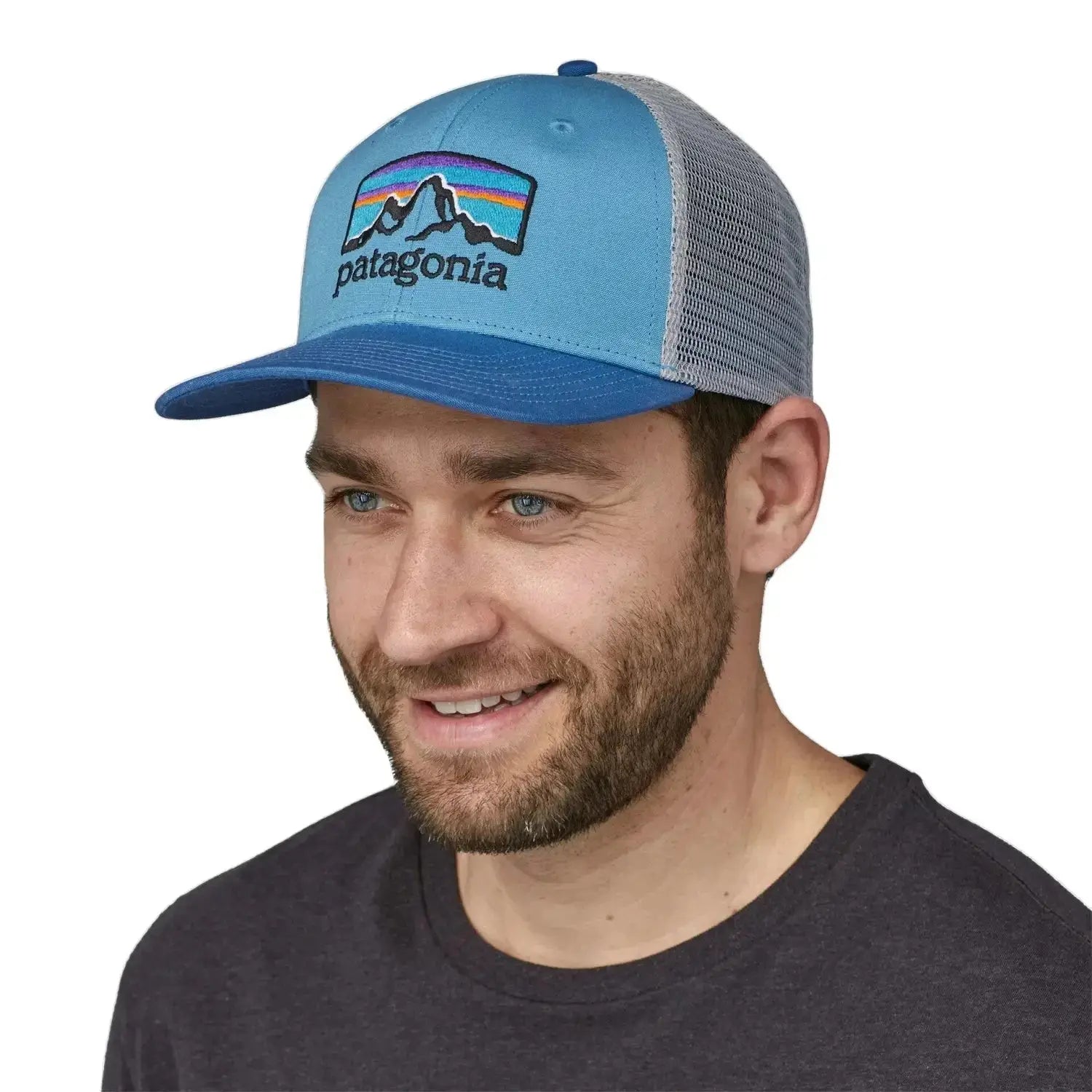 Patagonia Fitz Roy Horizons Trucker Hat, Lago Blue, front view on model