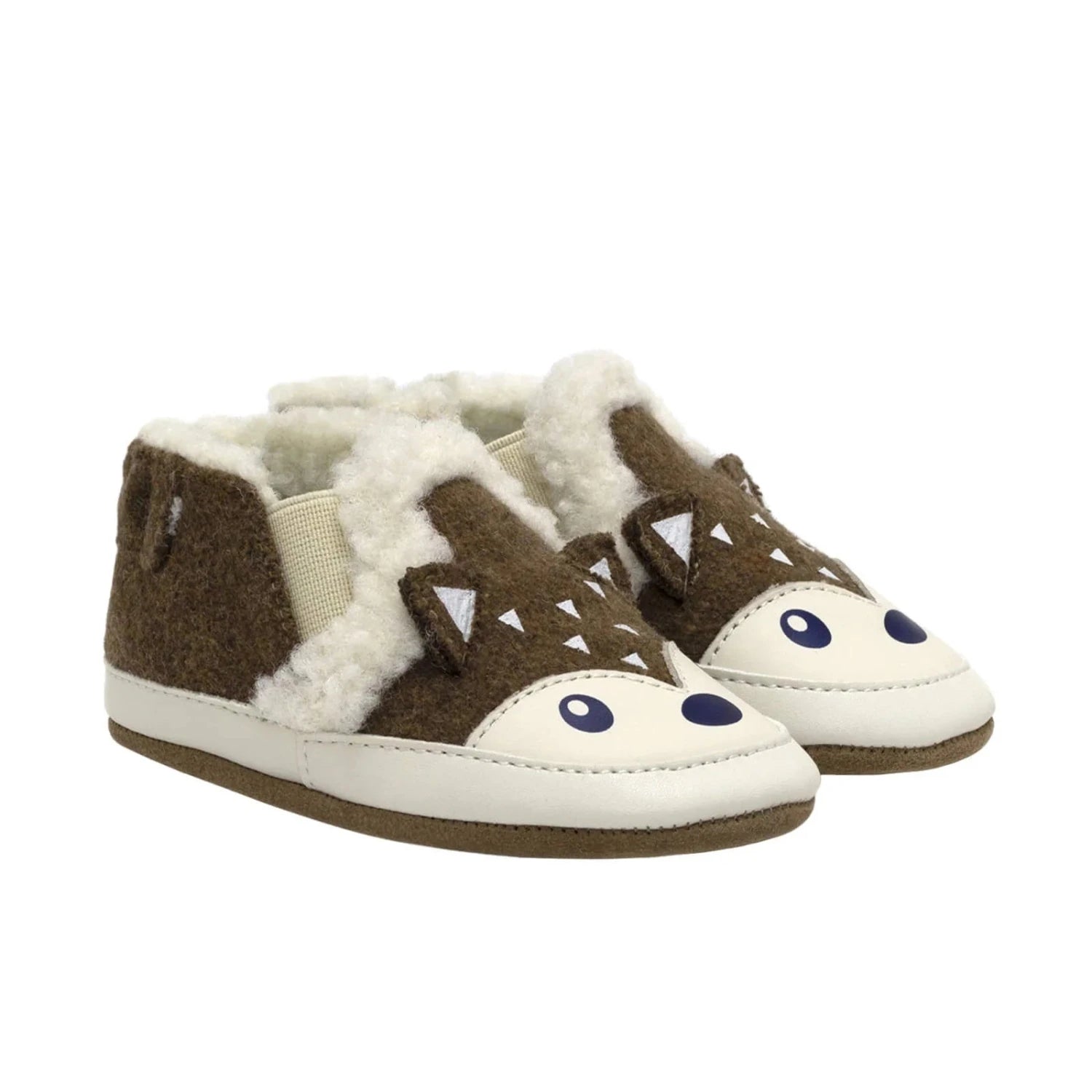 Robeez Baby Brave Fox Soft Soles in camel, pair side angled view