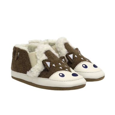 Robeez Baby Brave Fox Soft Soles in camel, pair side angled view