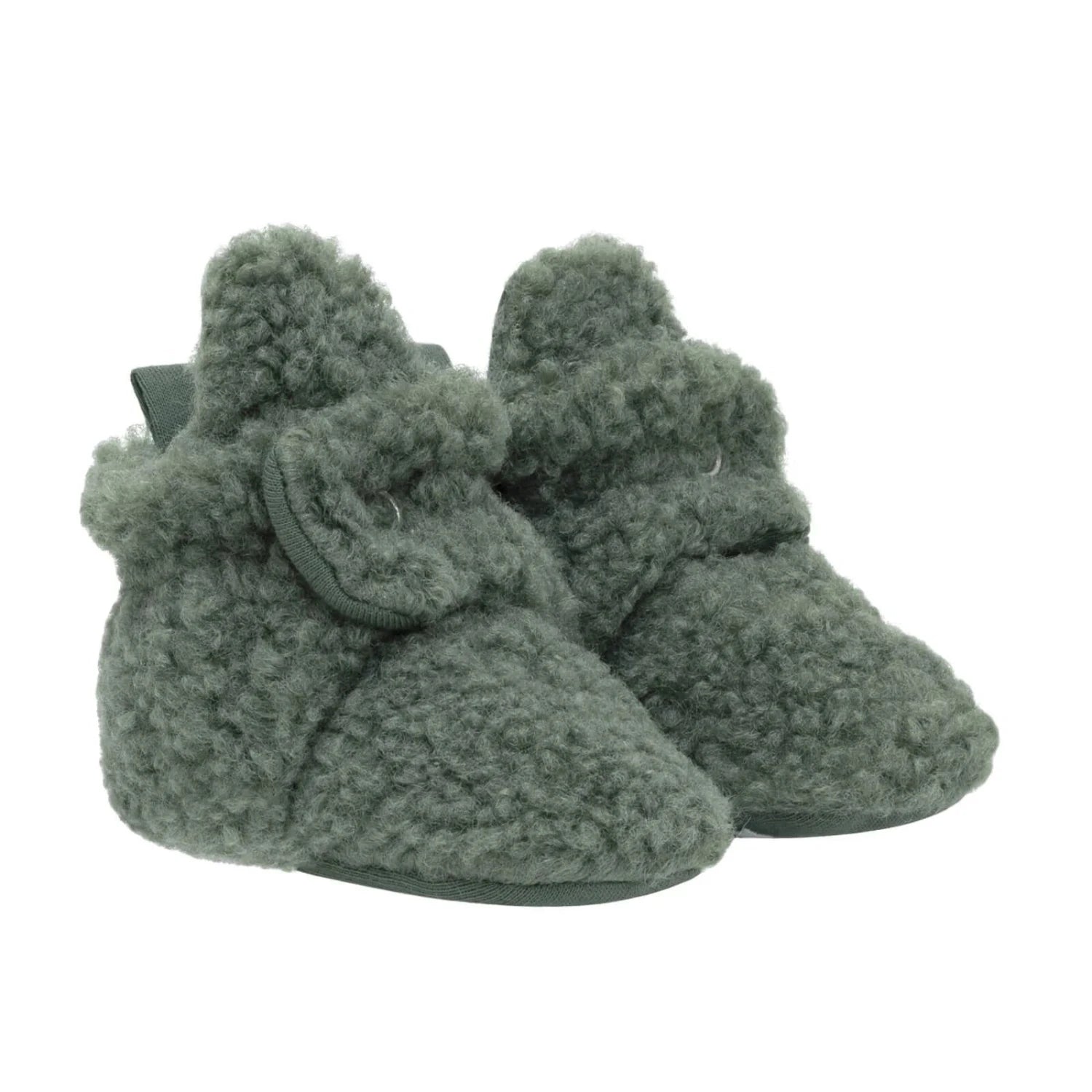 Robeez Baby Sherpa Snap Booties in olive, pair side view
