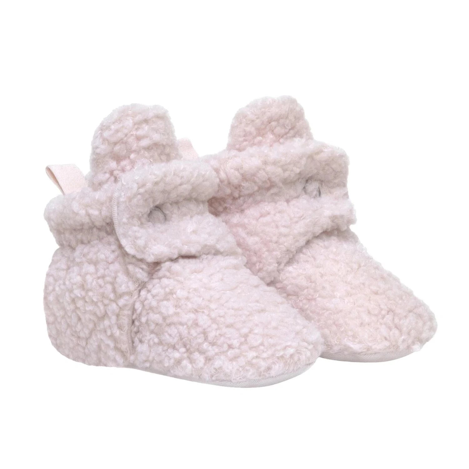 Robeez Baby Sherpa Snap Booties in pastel pink, pair side view