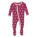 Kickee Pants footie pajamas in pink with pale pink birds wearing a winter hat. Front view.