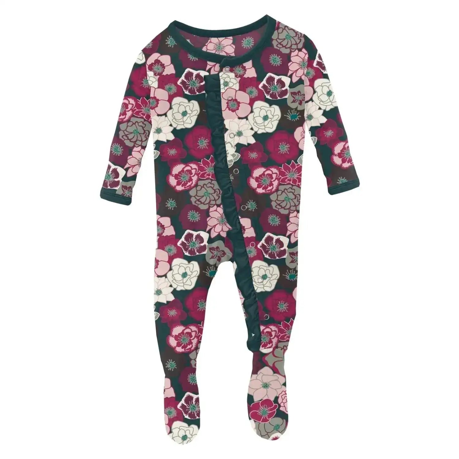 Kickee Pants footie pajamas in magenta, pale pink, white and green flowers. Front view.