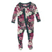 Kickee Pants footie pajamas in magenta, pale pink, white and green flowers. Front view.