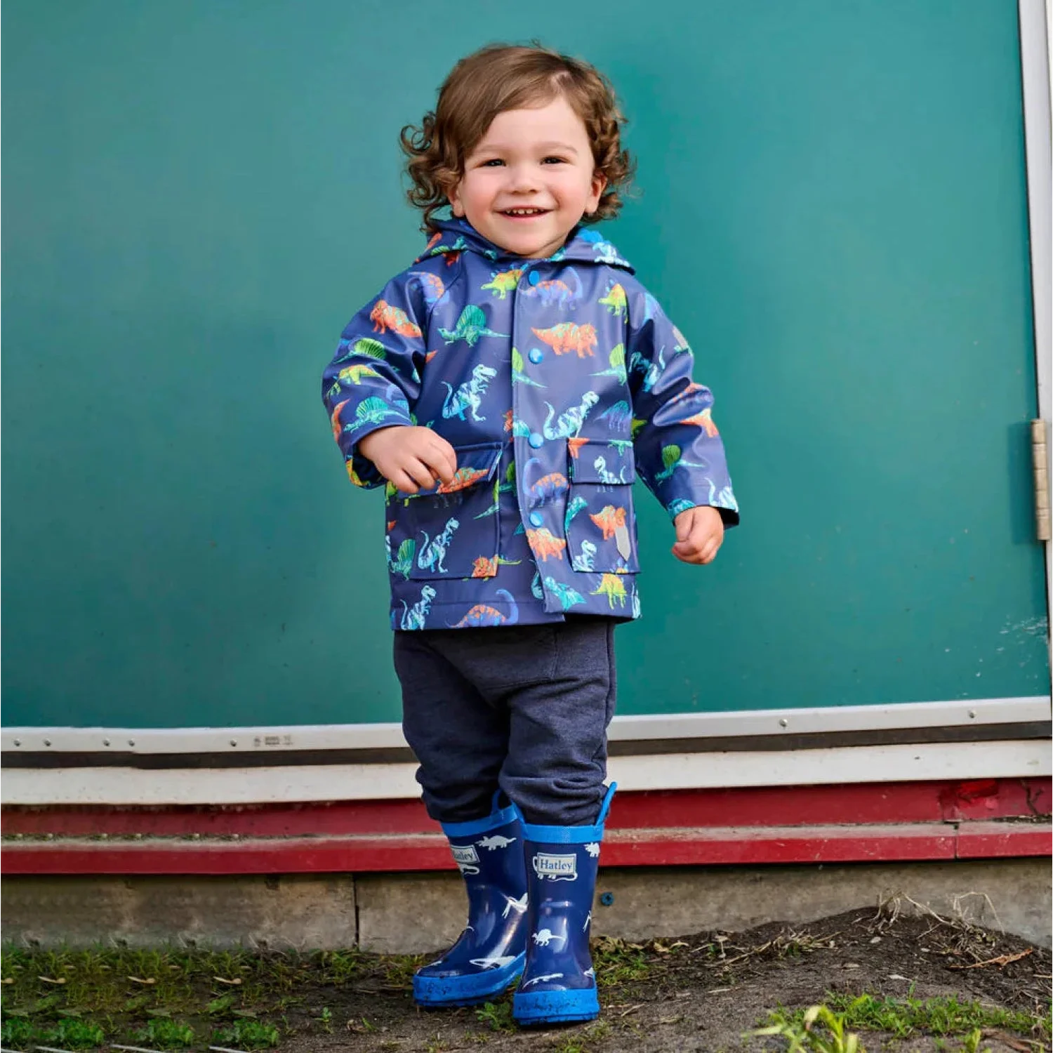Hatley Kid's Rain Boots with Handles in little dinos, lifestyle view