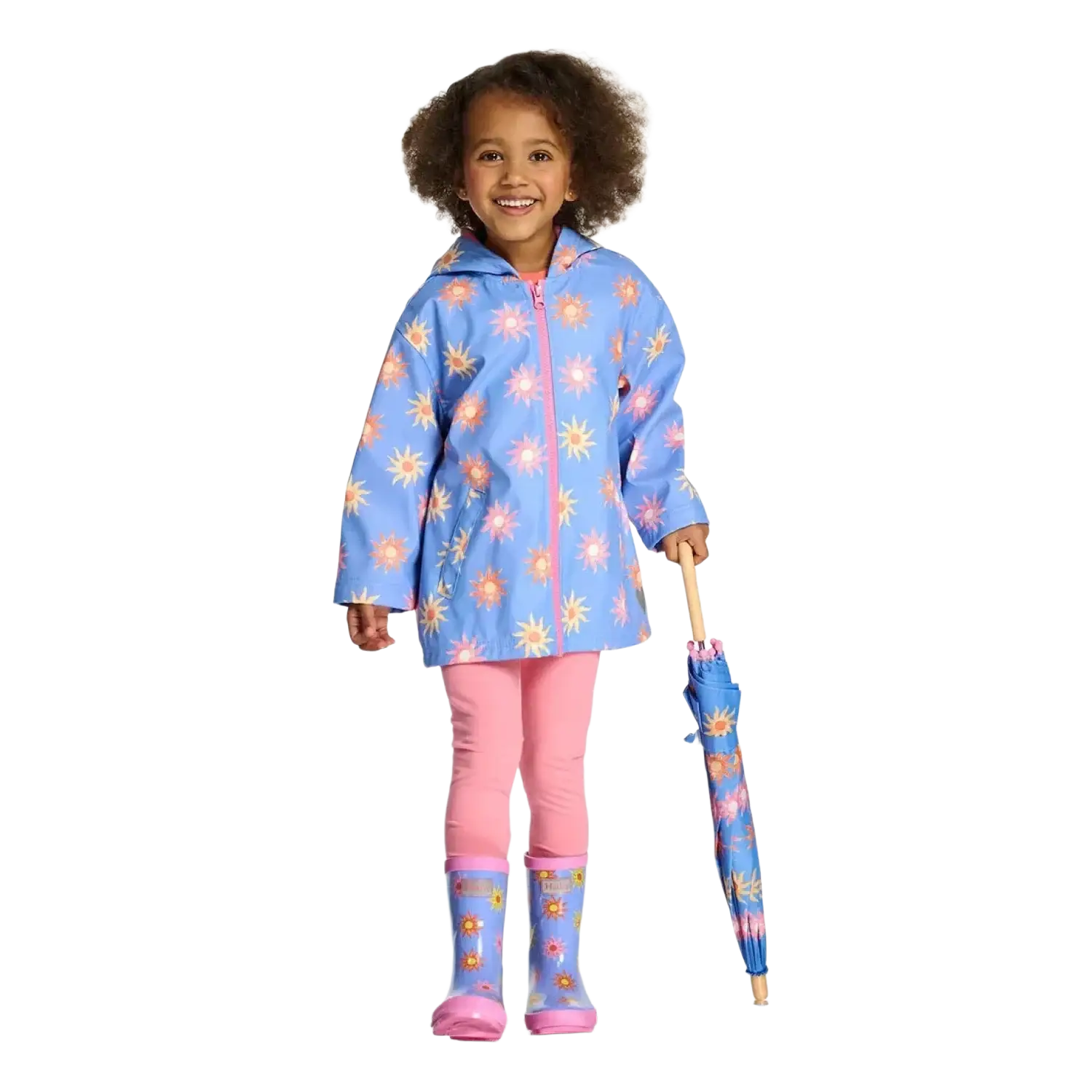 Hatley Kid's Zip-Up Rain Jacket in faded suns, on model front view