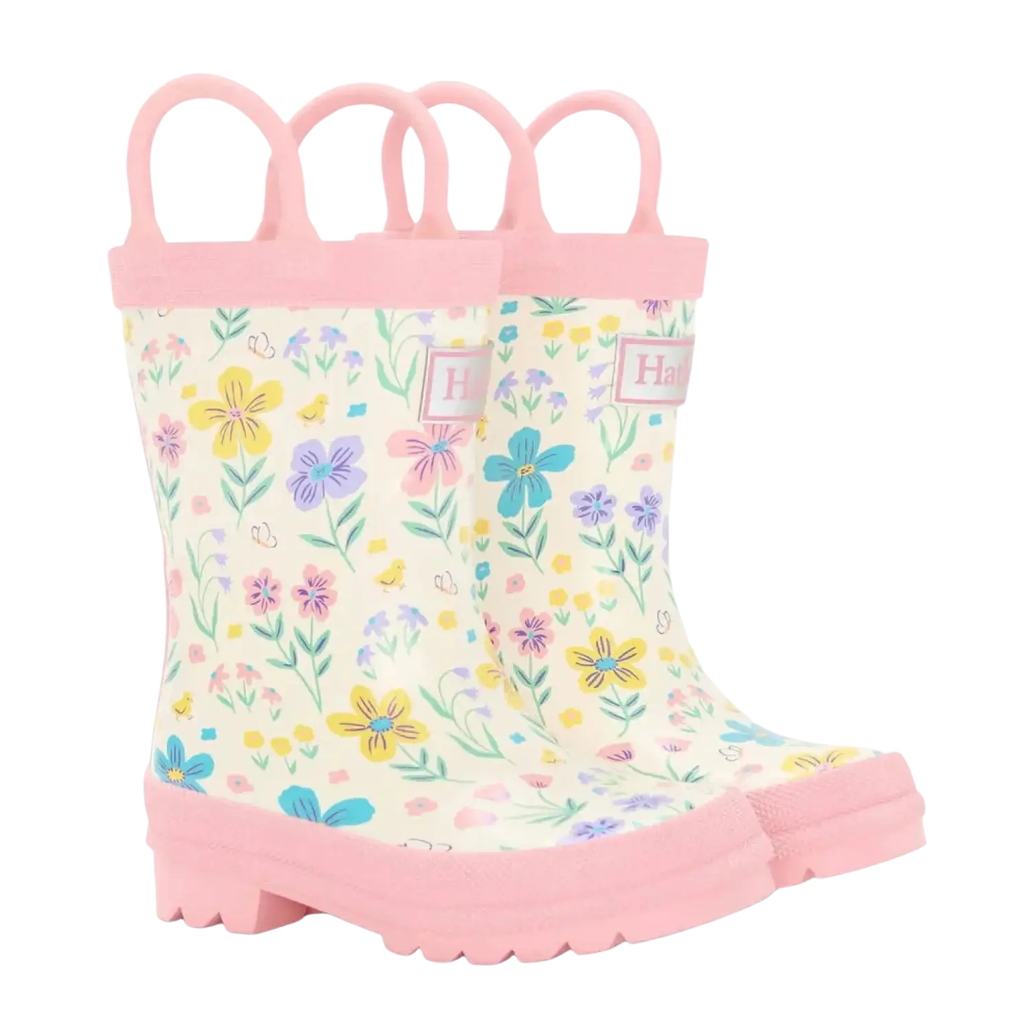 Hatley Kid's Rain Boots with Handles in little garden chicks, front angled view