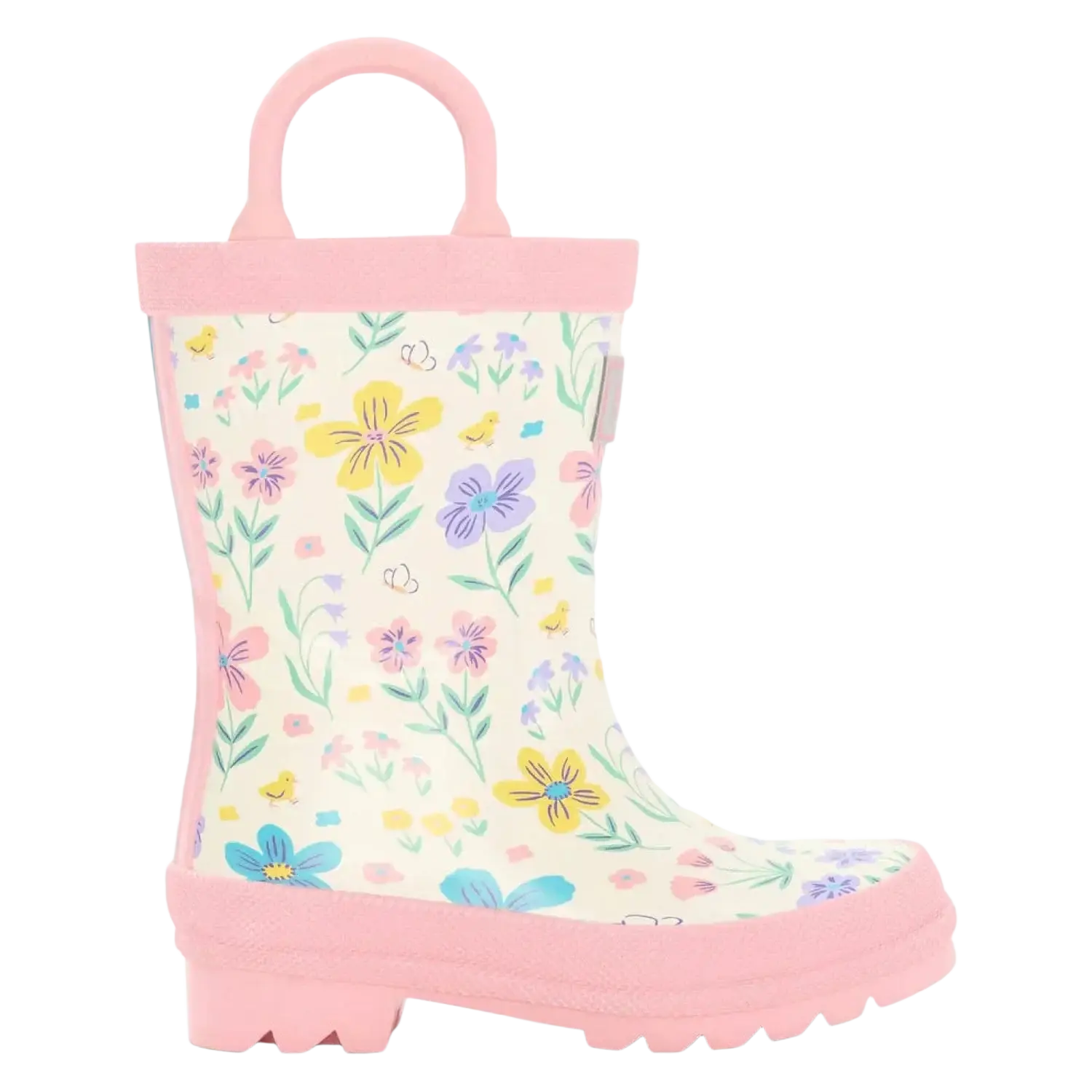 Hatley Kid's Rain Boots with Handles in little garden chicks, side view