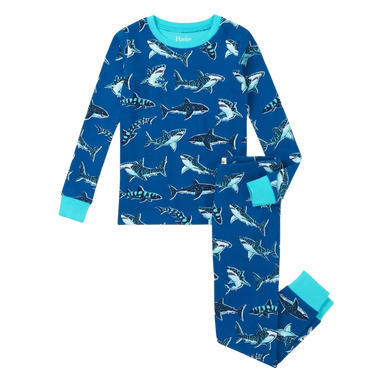 Hatley Kid's Cotton Pajama Set in patterned sharks, flat front set