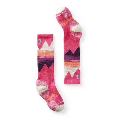 Smartwool Ski Light over the calf socks in pink, purple, peach, black and white playful mountain print.