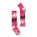Smartwool Ski Light over the calf socks in pink, purple, peach, black and white playful mountain print.