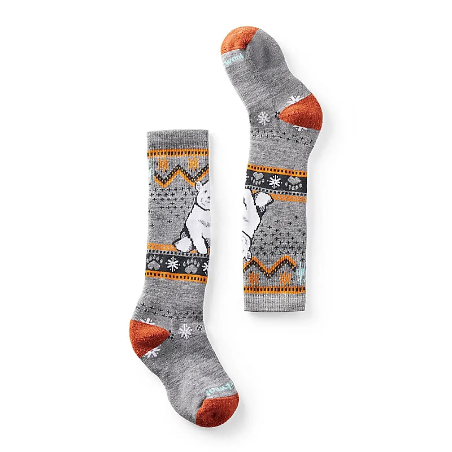 Smartwool Wintersport over the calf kid socks. Grey socks with white polar bears and orange and white accents. 