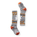 Smartwool Wintersport over the calf kid socks. Grey socks with white polar bears and orange and white accents. 