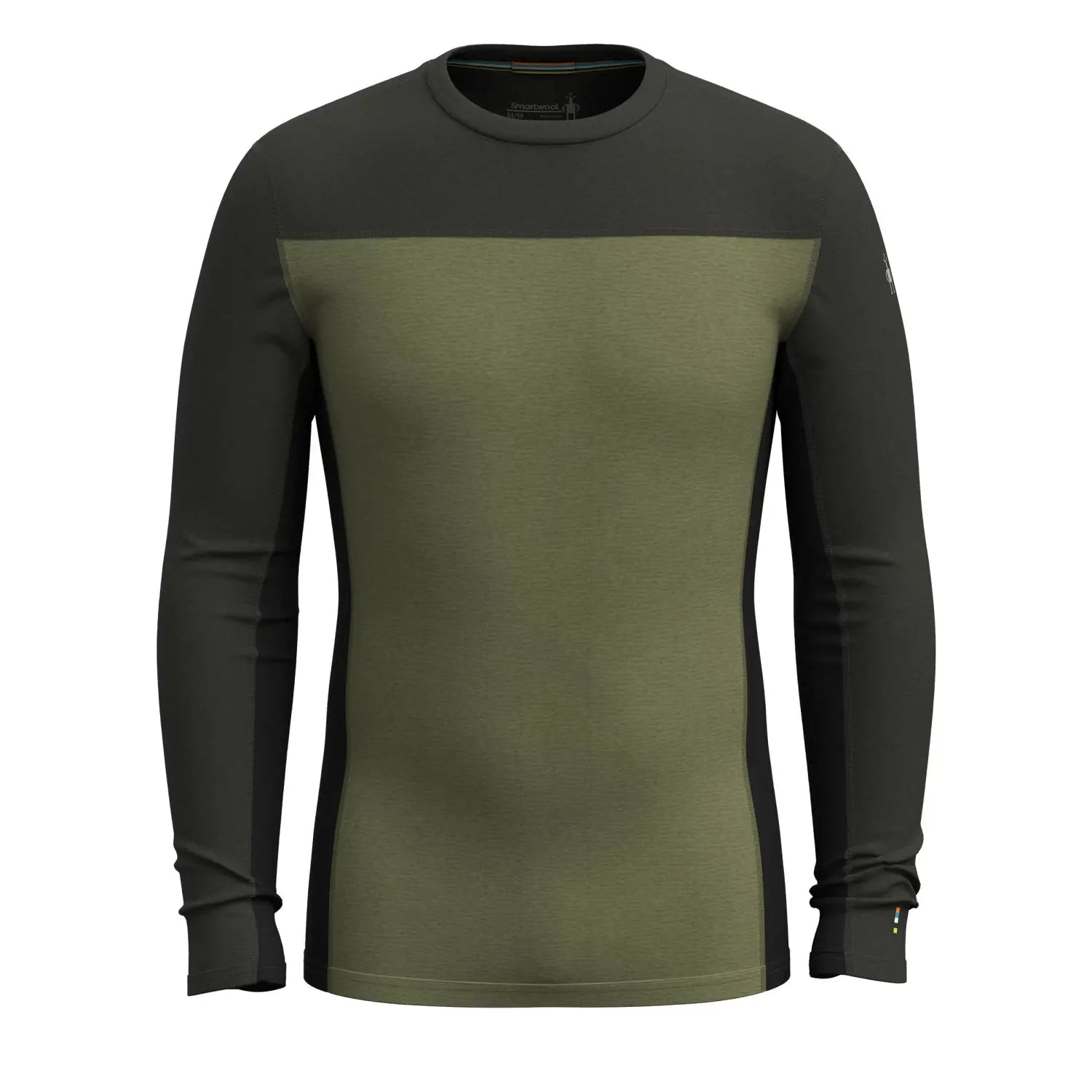 Smartwool Men's Classic Thermal Merino Base Layer Colorblock Crew in winter moss north woods, flat front