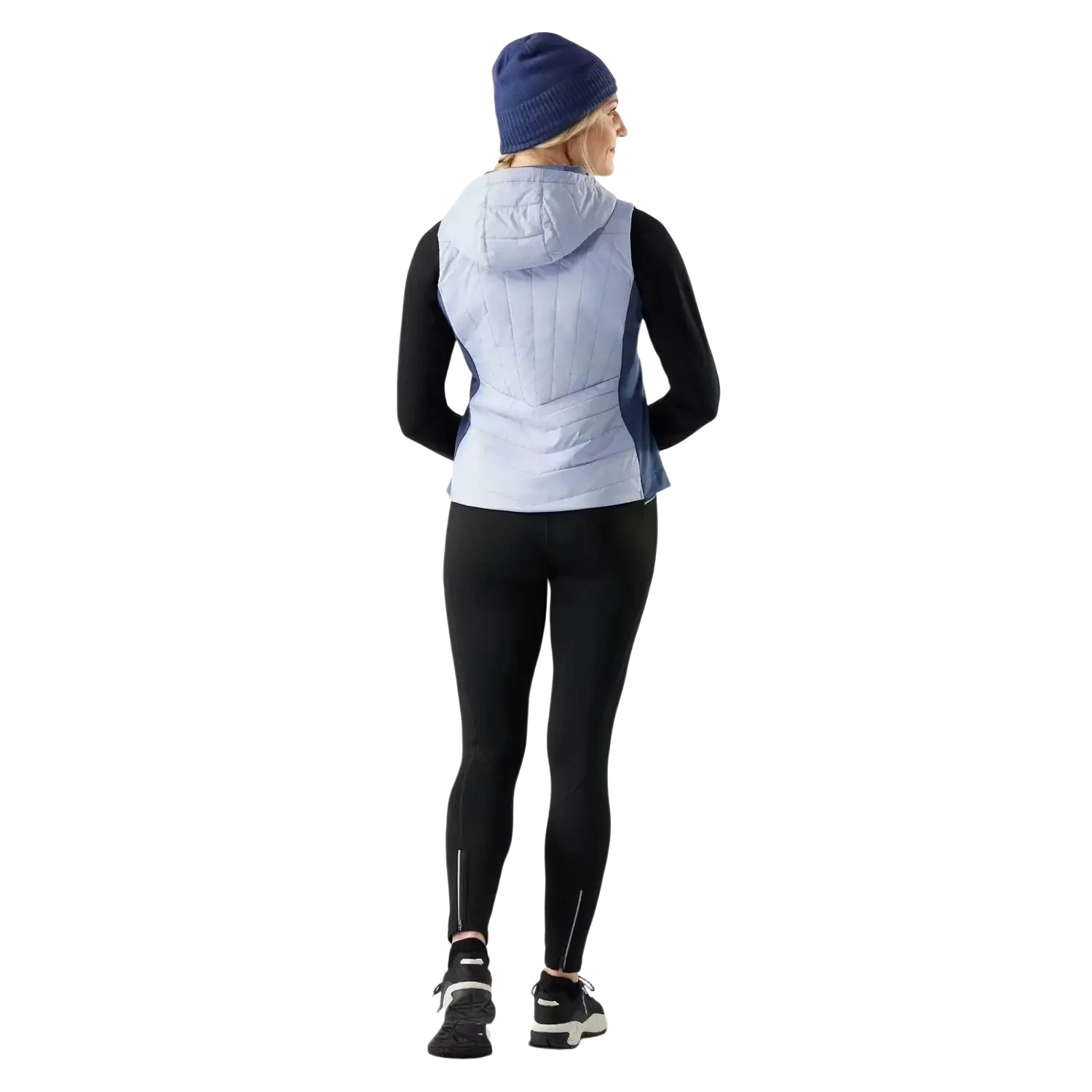 Smartwool Women's Smartloft Vest in icy nightfall blue, on model back view