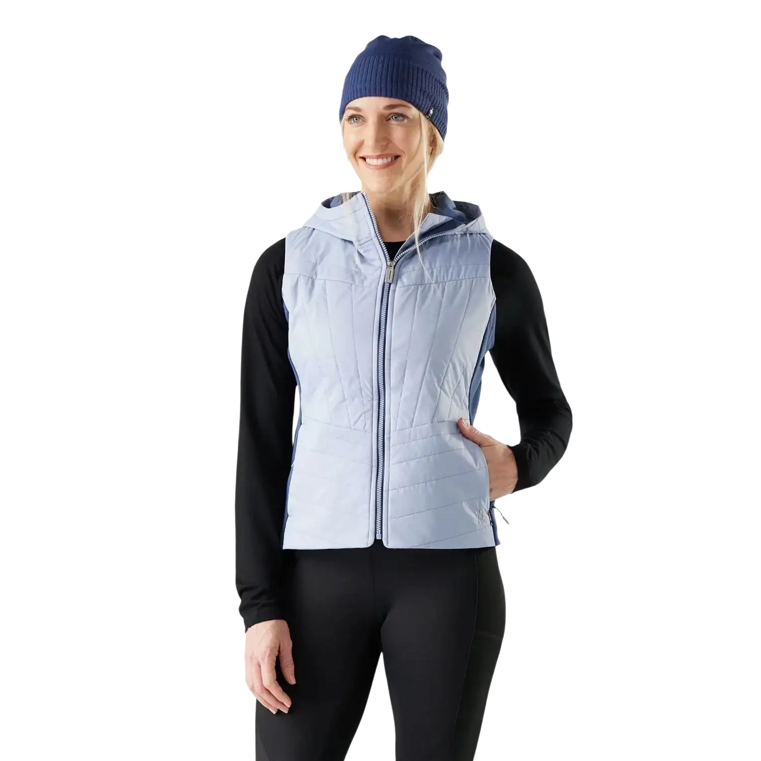 Smartwool Women's Smartloft Vest in icy nightfall blue, on model front view