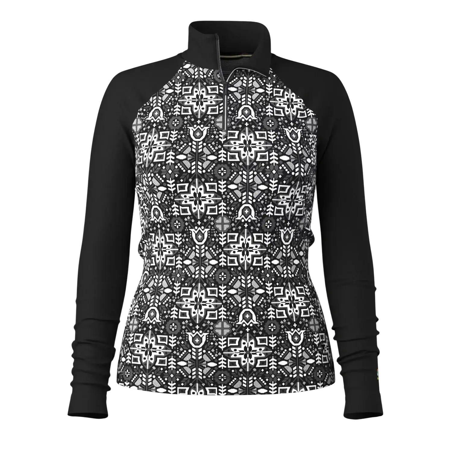 Smartwool Women's Classic Thermal Merino Base Layer 1/4 Zip in black deco floral, front view