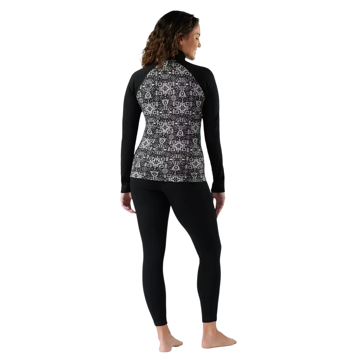 Smartwool Women's Classic Thermal Merino Base Layer 1/4 Zip in black deco floral, on model back view