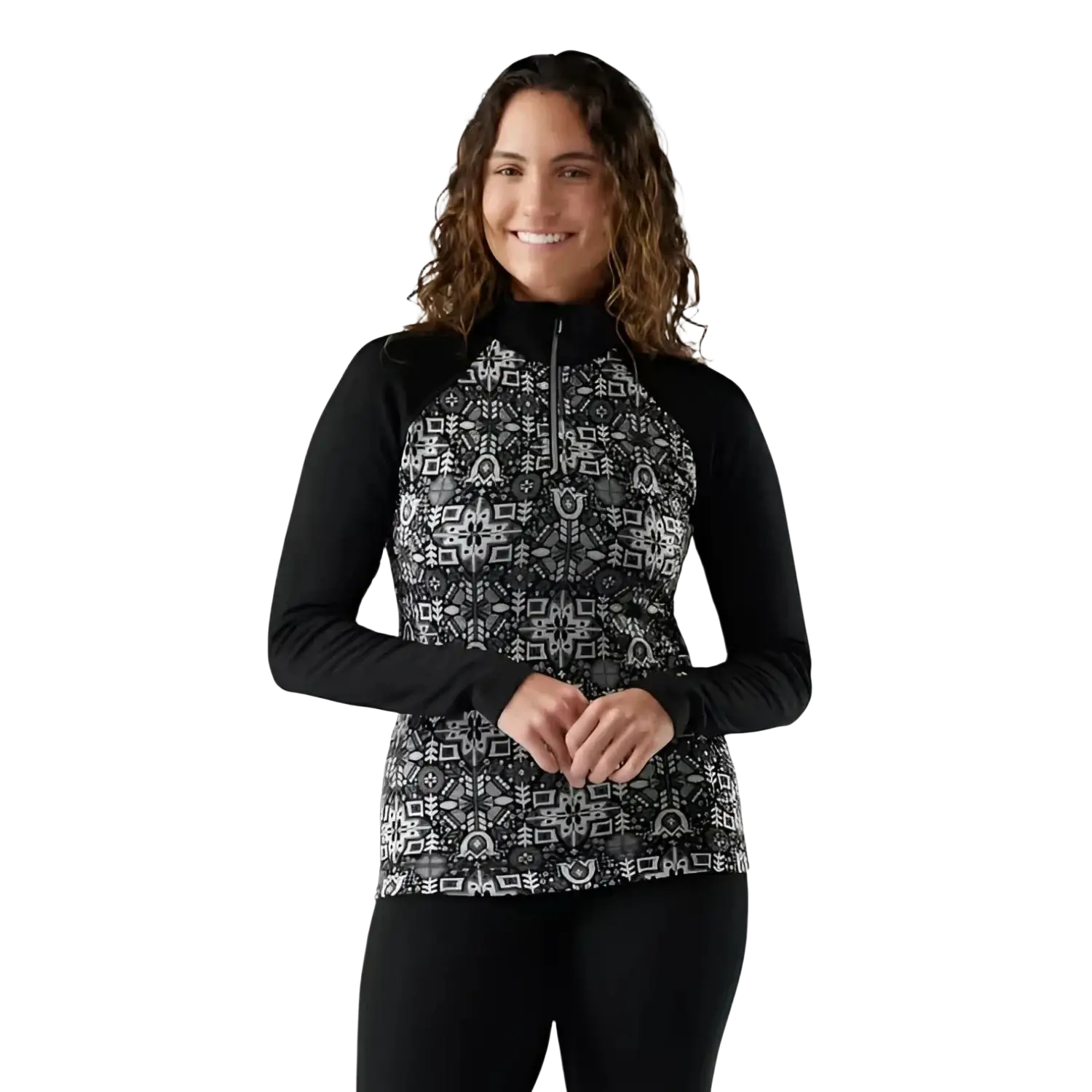 Smartwool Women's Classic Thermal Merino Base Layer 1/4 Zip in black deco floral, on model front view