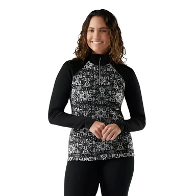 Smartwool Women's Classic Thermal Merino Base Layer 1/4 Zip in black deco floral, on model front view