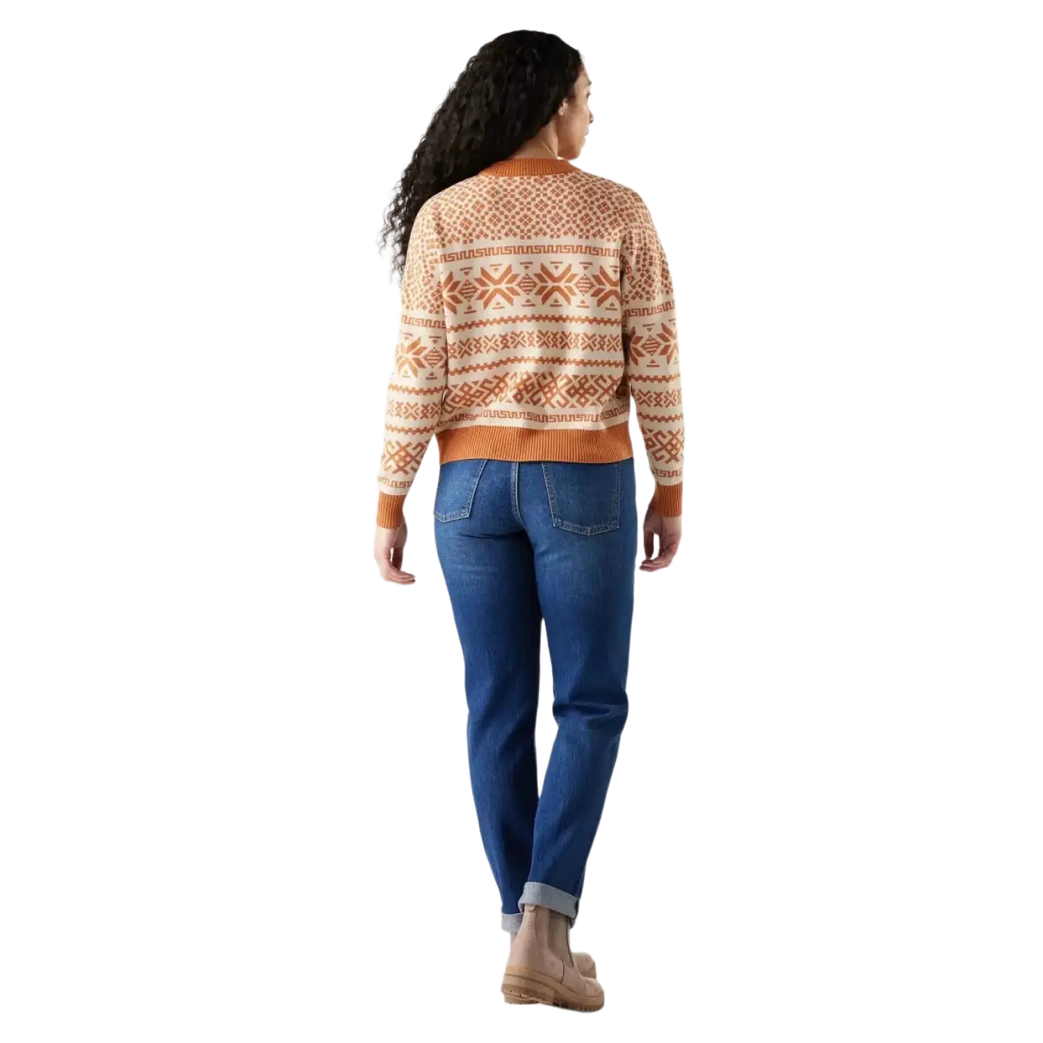 Smartwool Women's Edgewood Heritage Crew Sweater in terracotta, on model back view