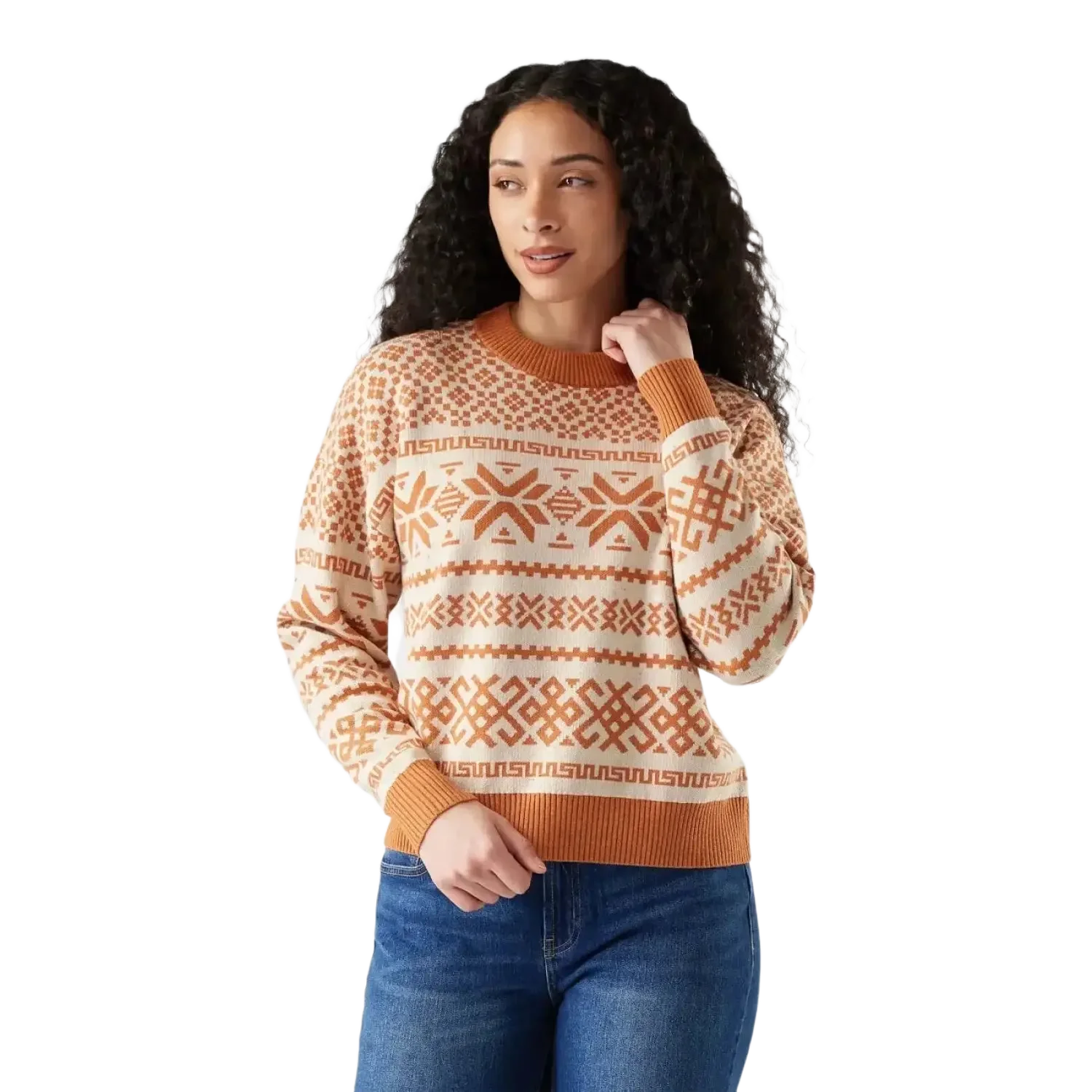 Smartwool Women's Edgewood Heritage Crew Sweater in terracotta, on model front view