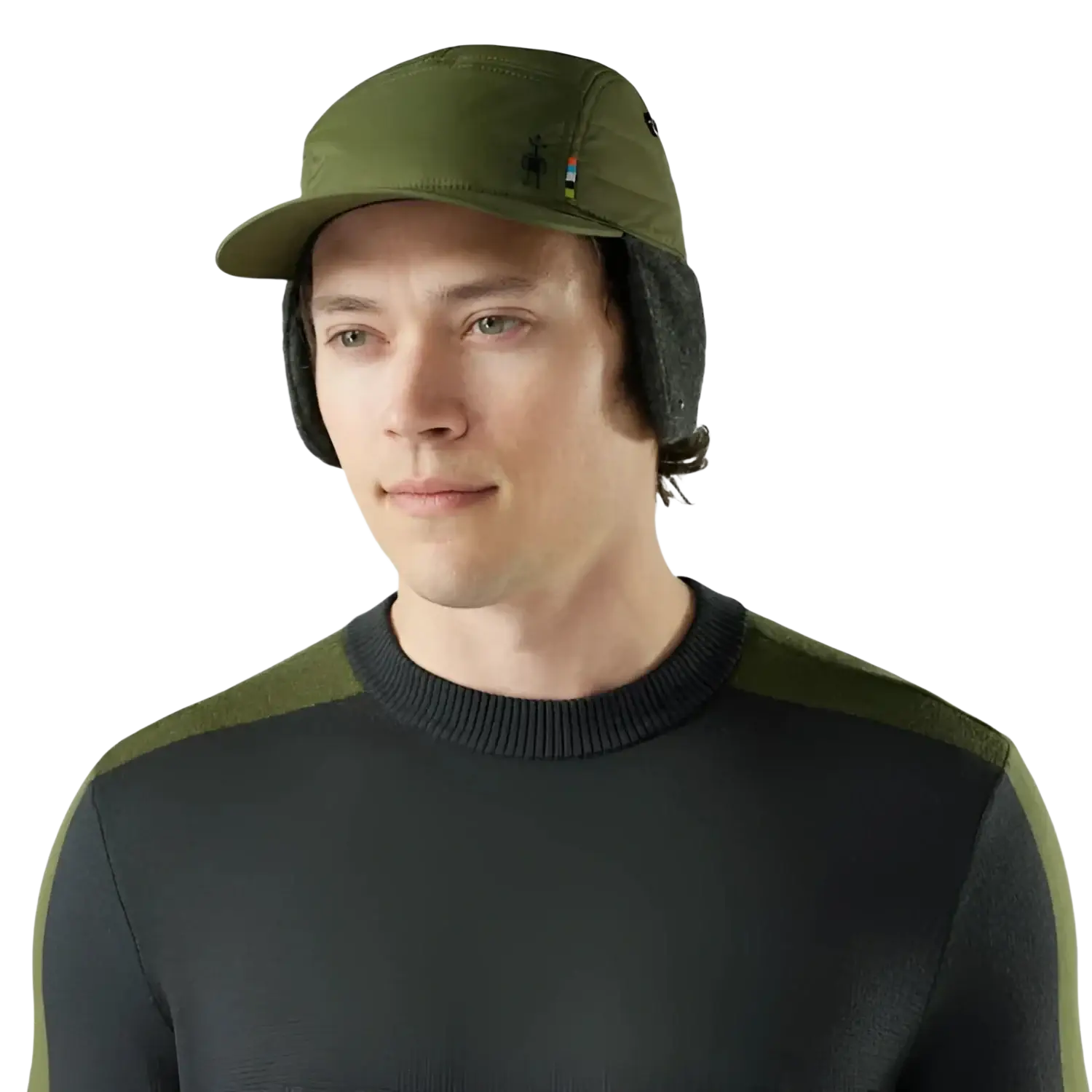 Smartwool Ear Flap 5 Panel Hat in winter moss, model front view