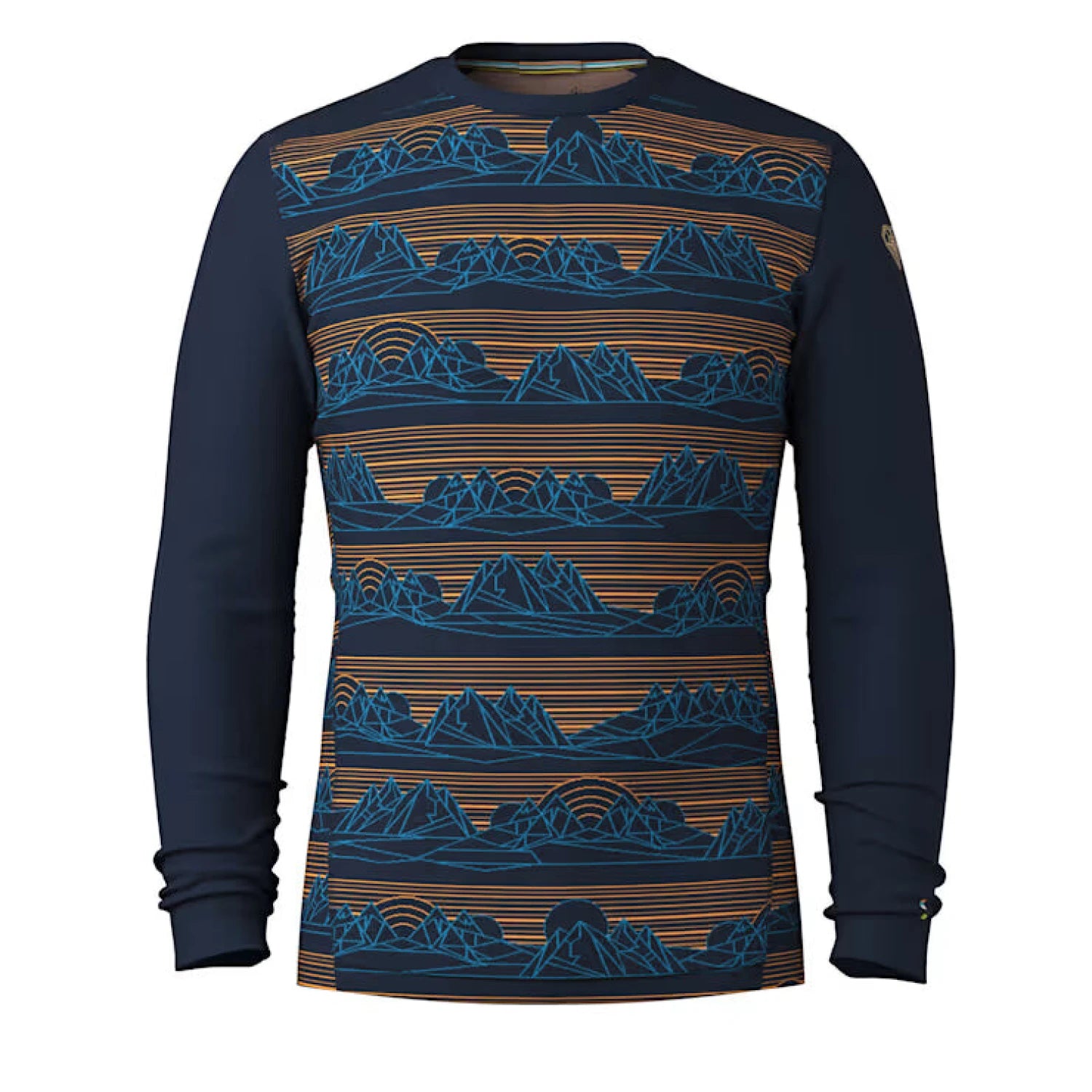 Smartwool Men's Classic Thermal Merino Base Layer Crew in deep navy & geo peaks, flat front view