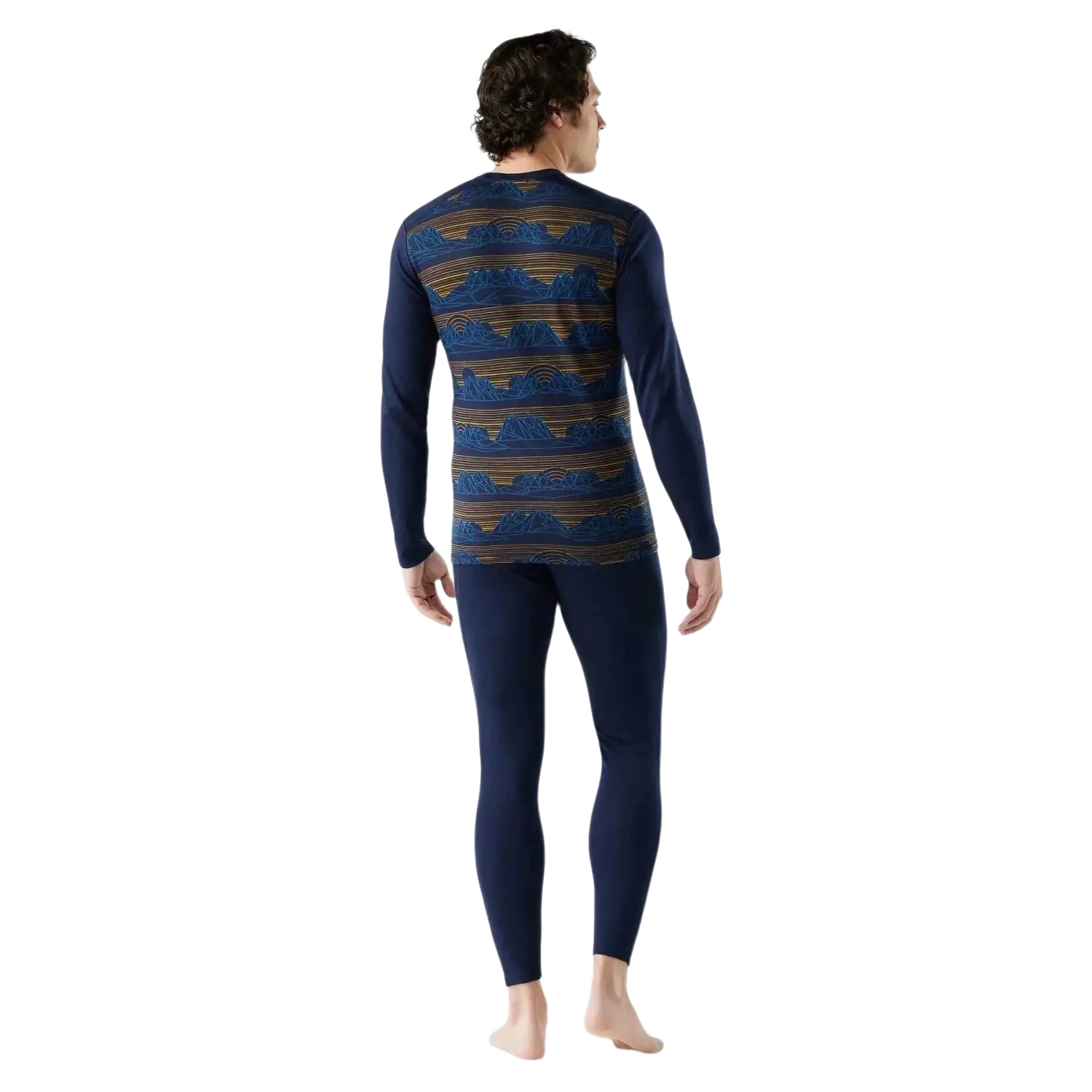 Smartwool Men's Classic Thermal Merino Base Layer Crew in deep navy & geo peaks, model back view