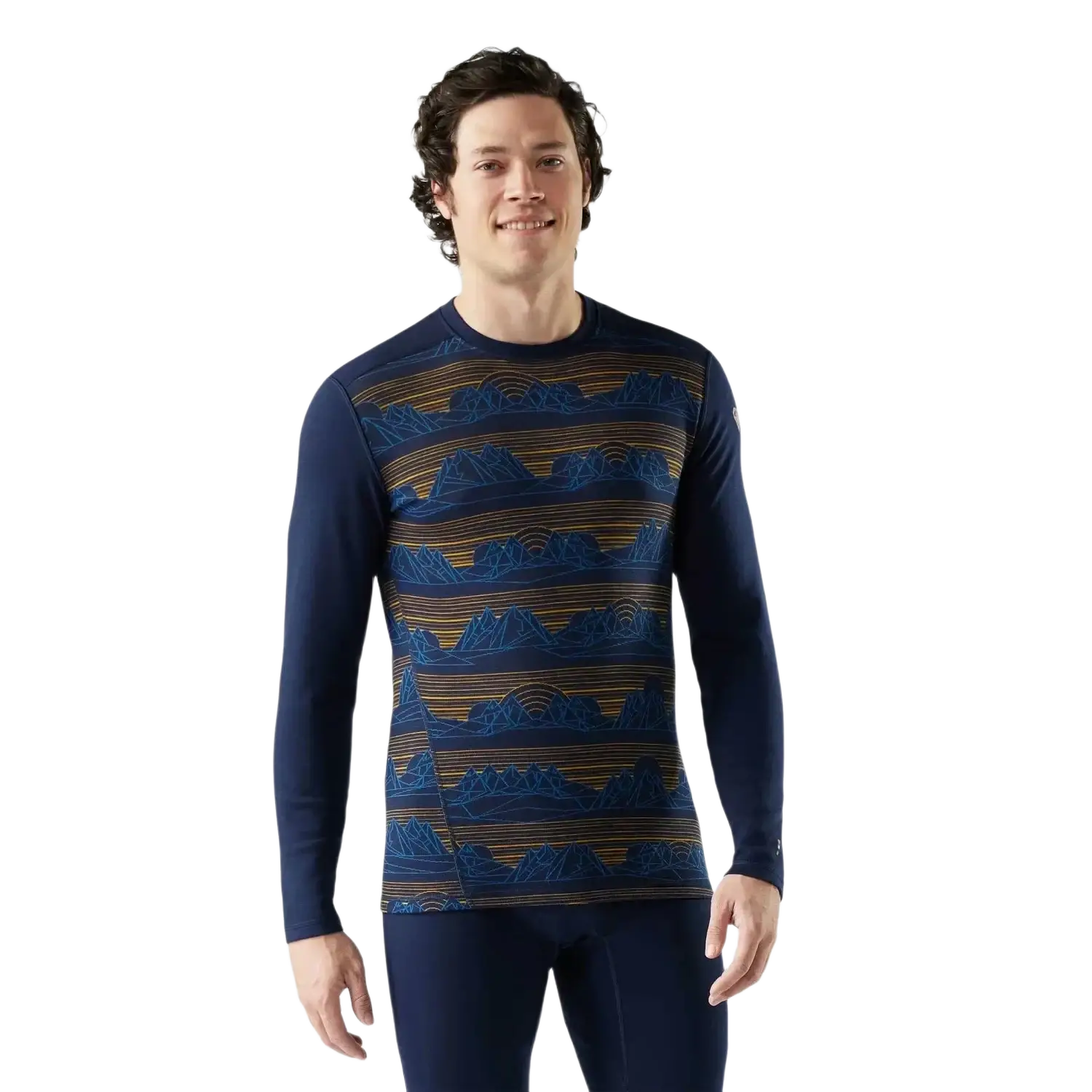Smartwool Men's Classic Thermal Merino Base Layer Crew in deep navy & geo peaks, model front view