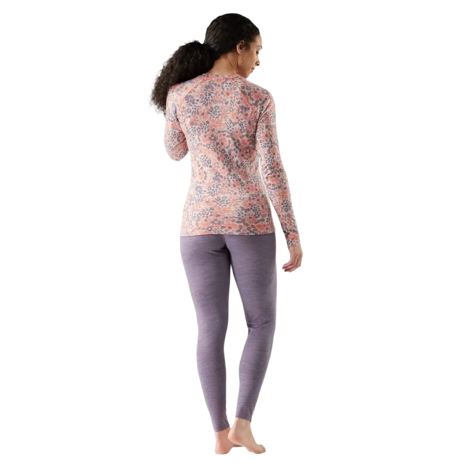 Smartwool Women's Classic Thermal Merino Base Layer Crew in coral reef floral, on model back view