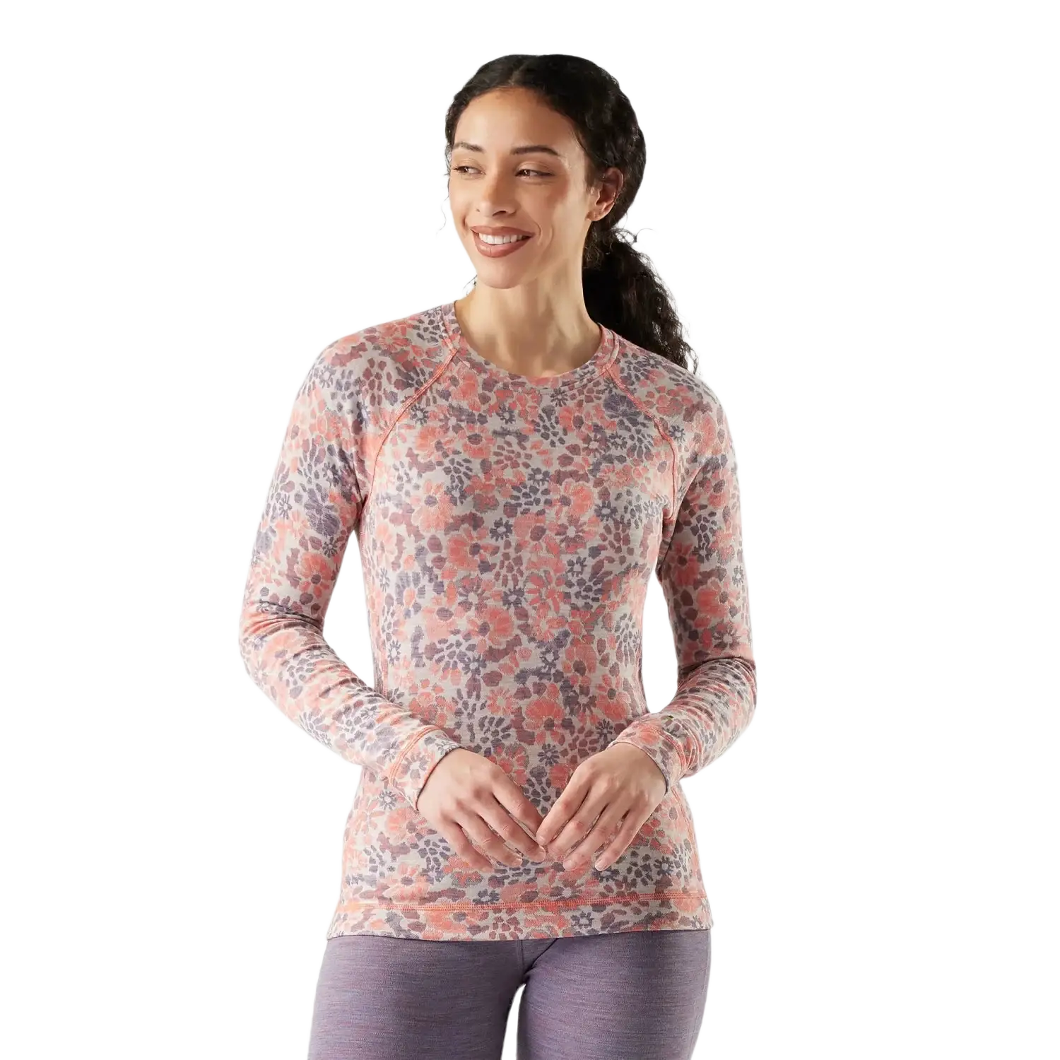 Smartwool Women's Classic Thermal Merino Base Layer Crew in coral reef floral, on model front view