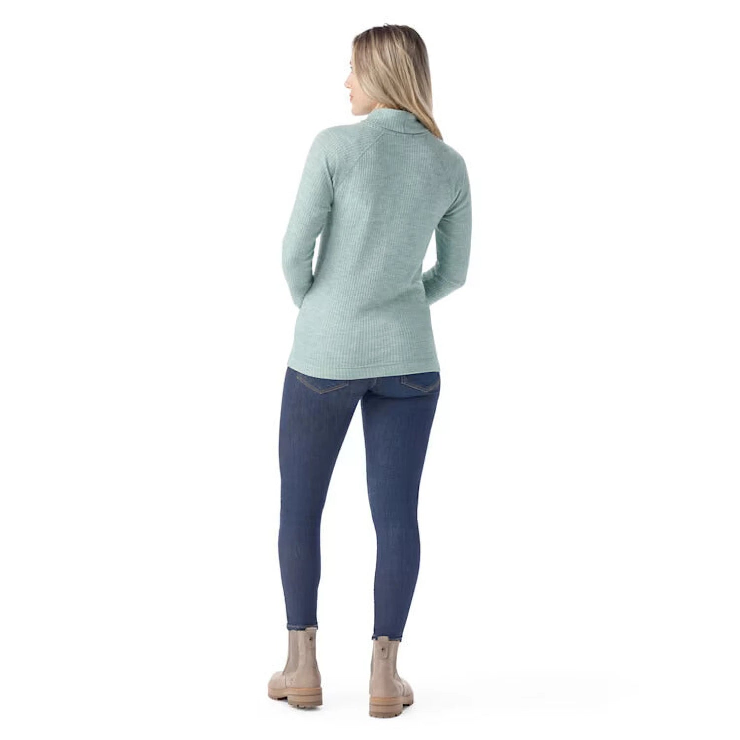 Smartwool Women's Thermal Merino Rib Turtleneck in arctic green heather, on model back