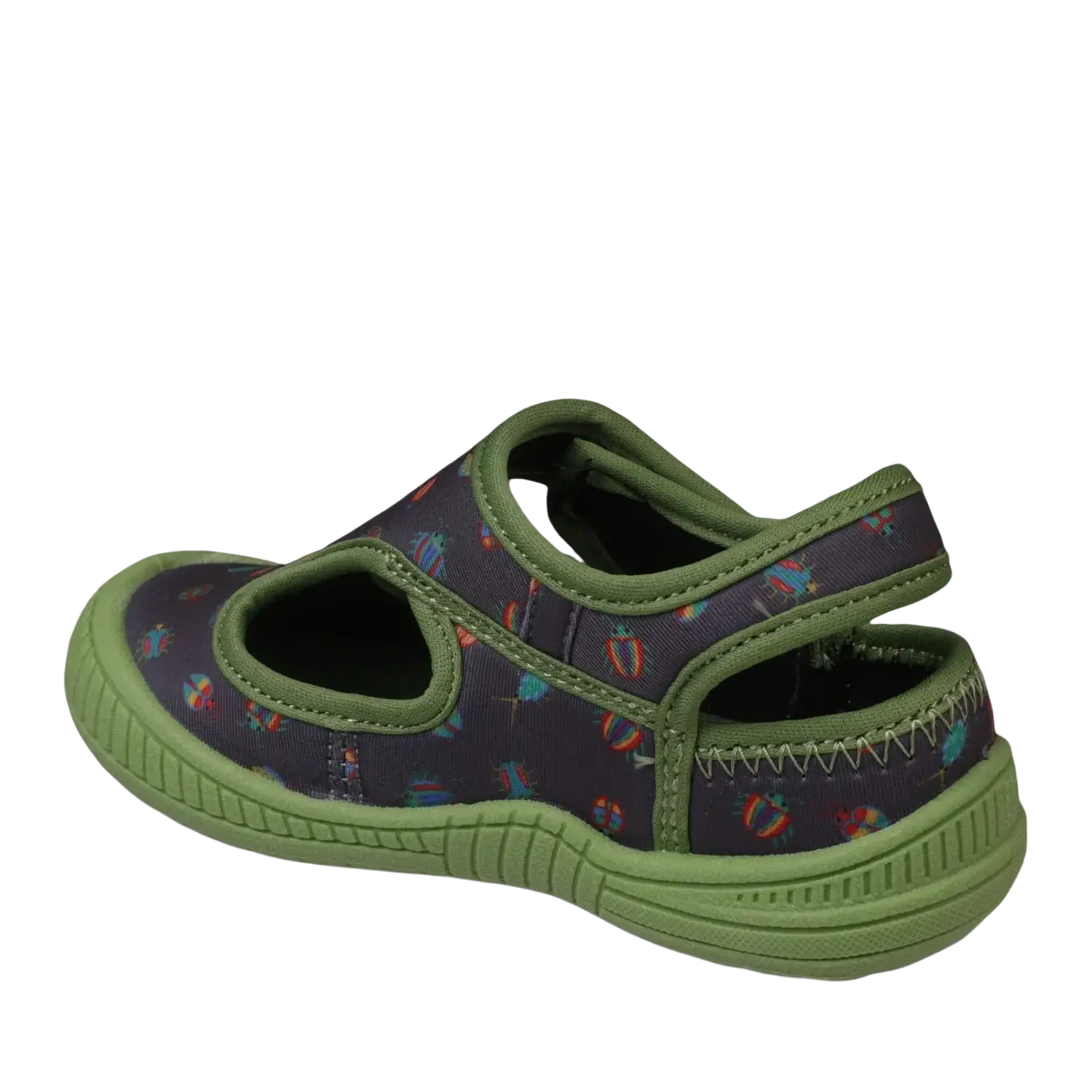 Oomphies Baby Splash Hook & Loop Sandal in olive & black bugs, back view