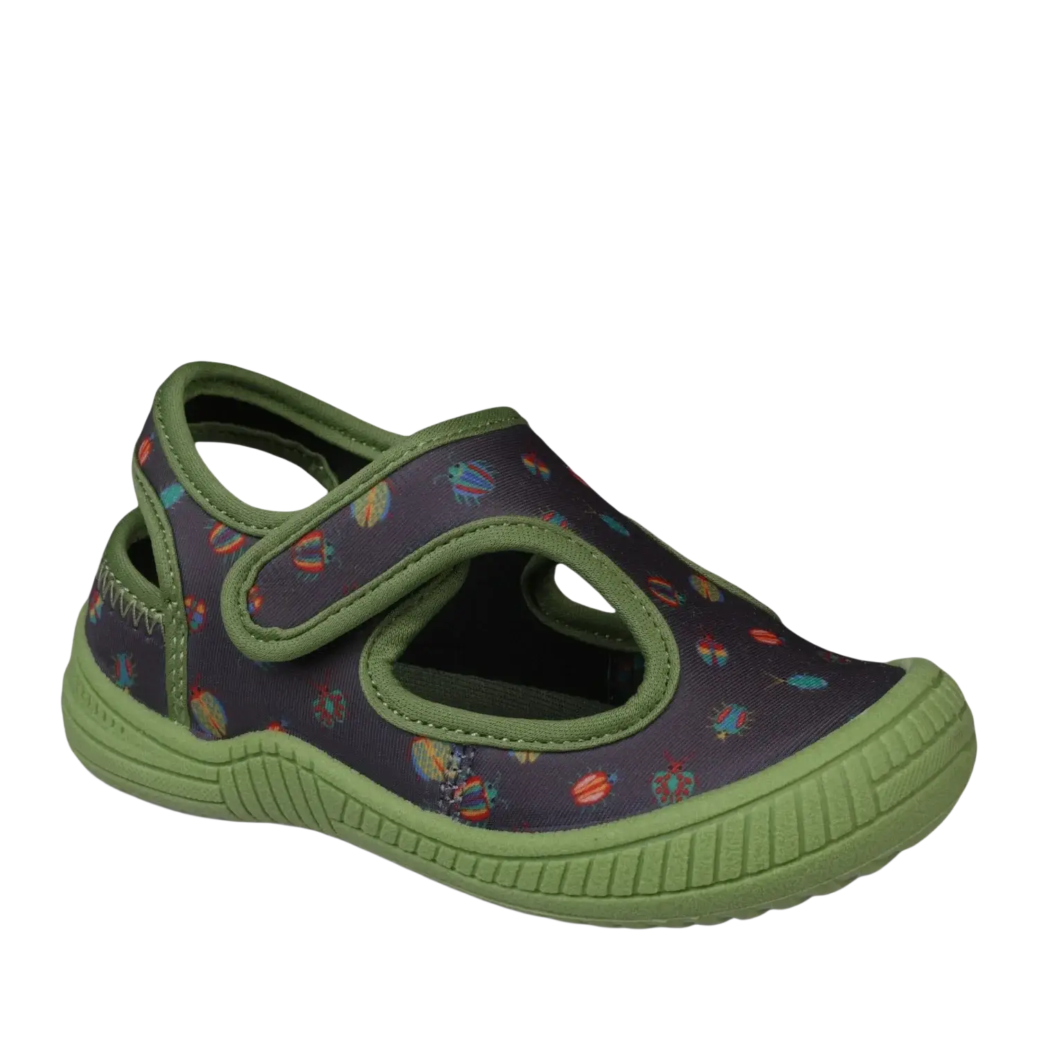 Oomphies Baby Splash Hook & Loop Sandal in olive & black bugs, front view