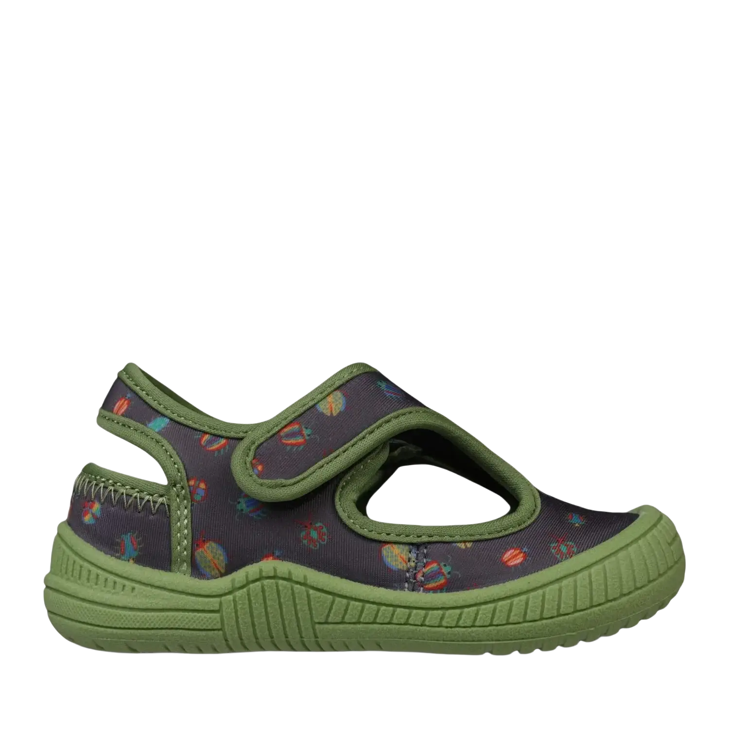 Oomphies Baby Splash Hook & Loop Sandal in olive & black bugs, side view